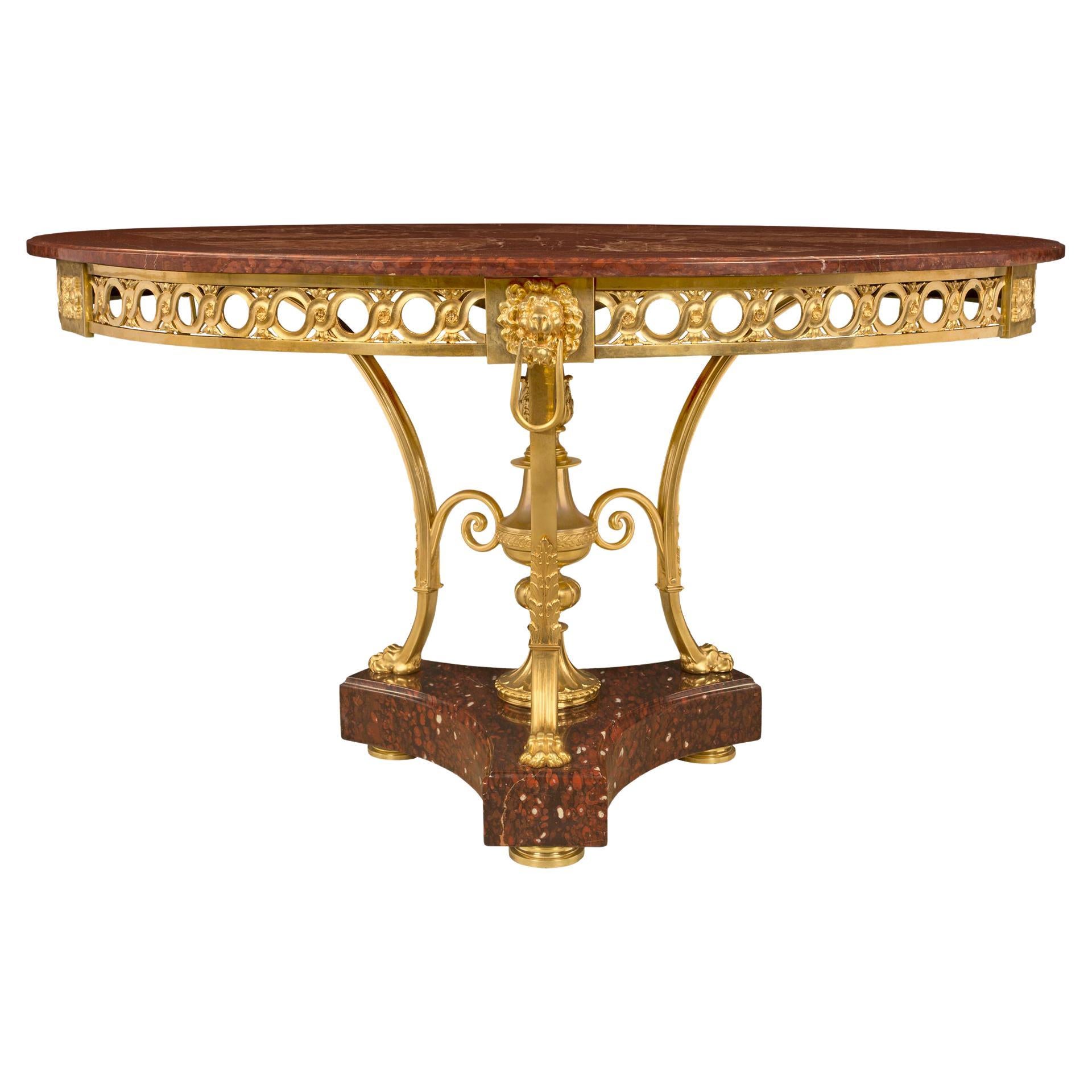 French 19th Century Neoclassical Style Ormolu and Griotte Marble Center Table For Sale