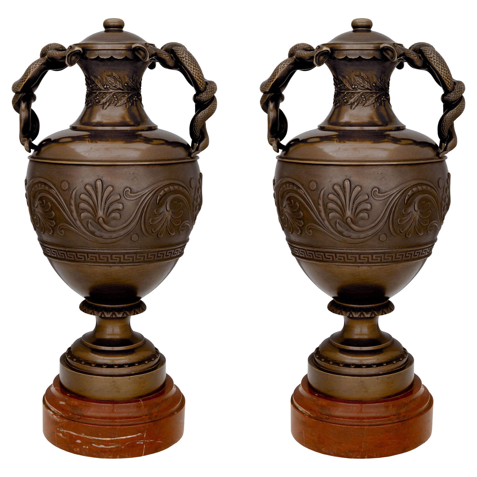 French 19th Century Neoclassical Style Patinated Bronze and Marble Urns For Sale