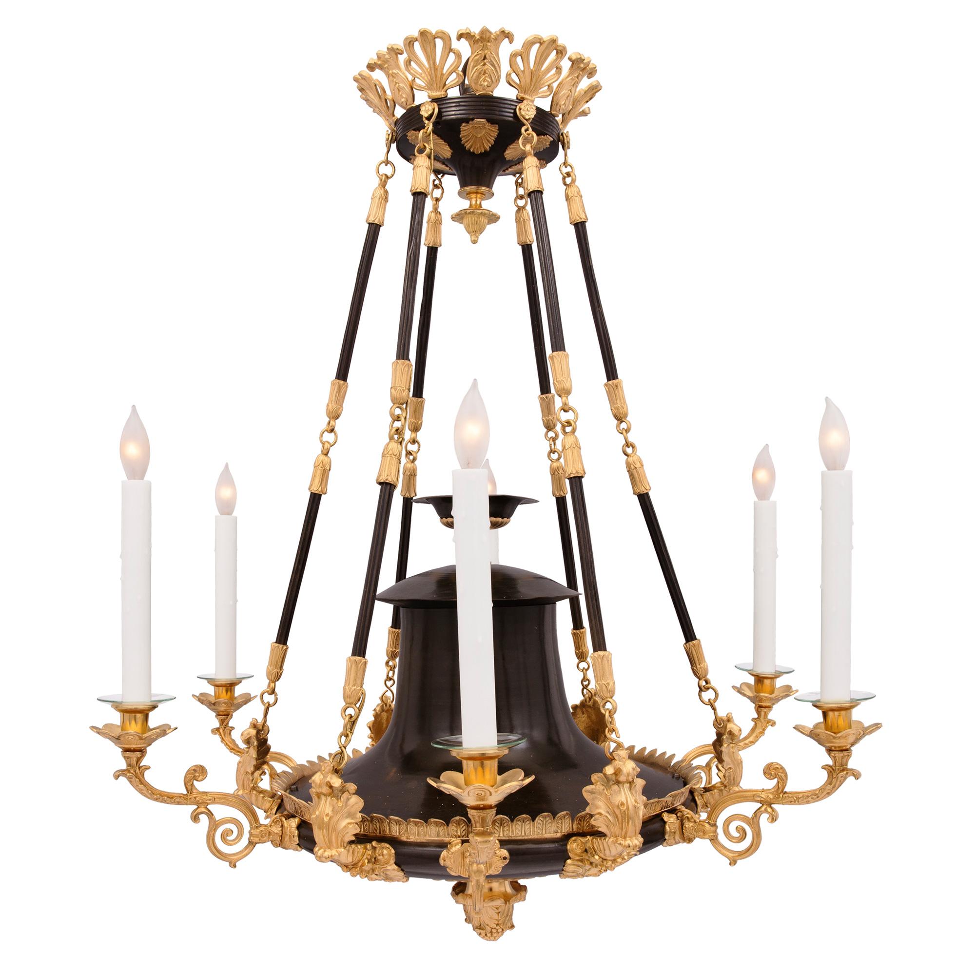 French 19th Century Neoclassical Style Patinated Bronze and Ormolu Chandelier In Good Condition For Sale In West Palm Beach, FL