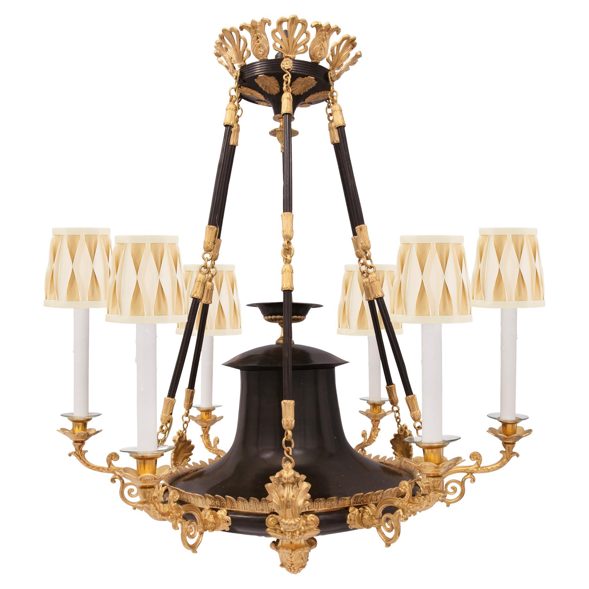 French 19th Century Neoclassical Style Patinated Bronze and Ormolu Chandelier For Sale