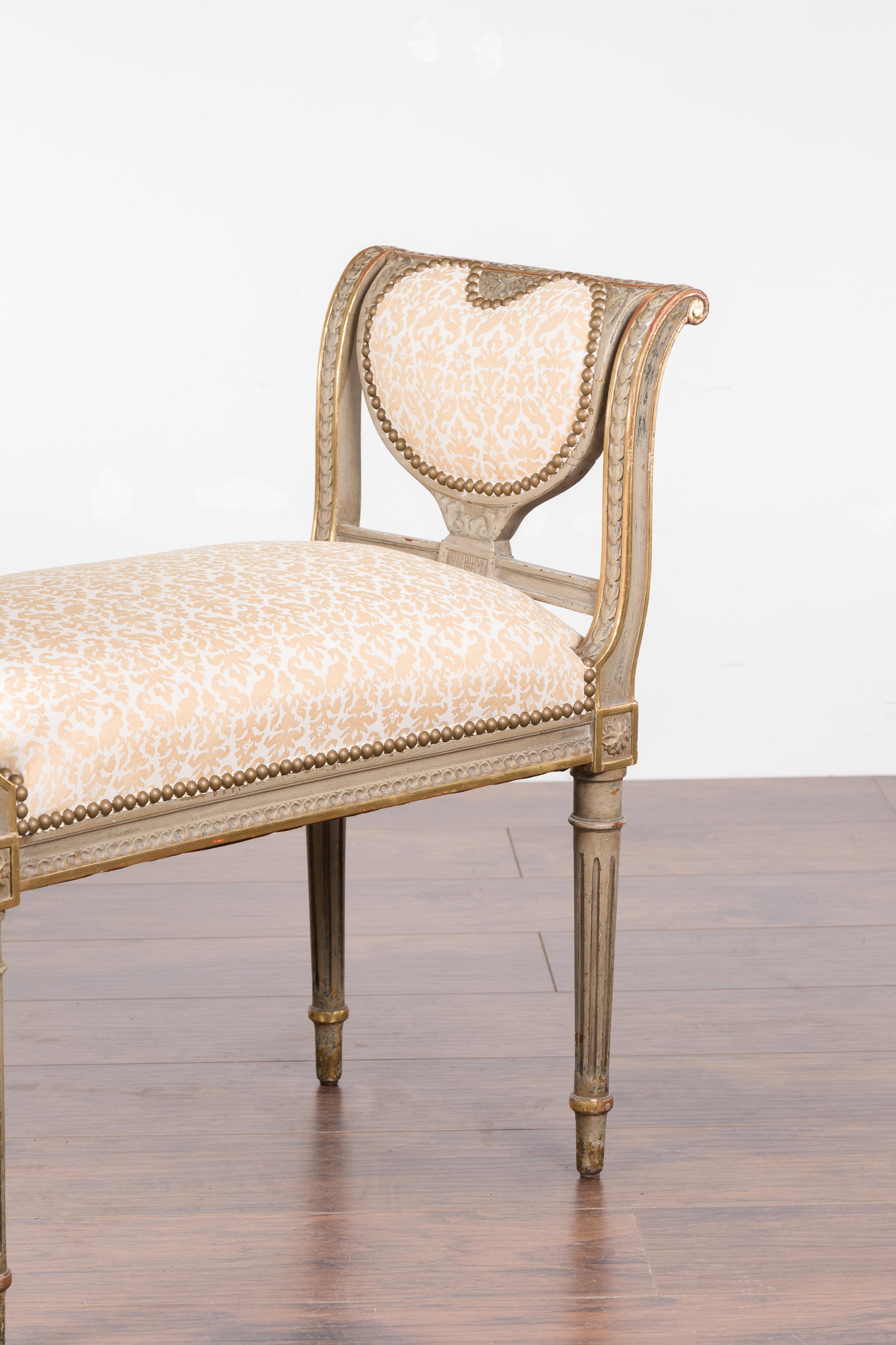 French 19th Century Neoclassical Style Scrolling Arms Bench with Fortuny Fabric 6