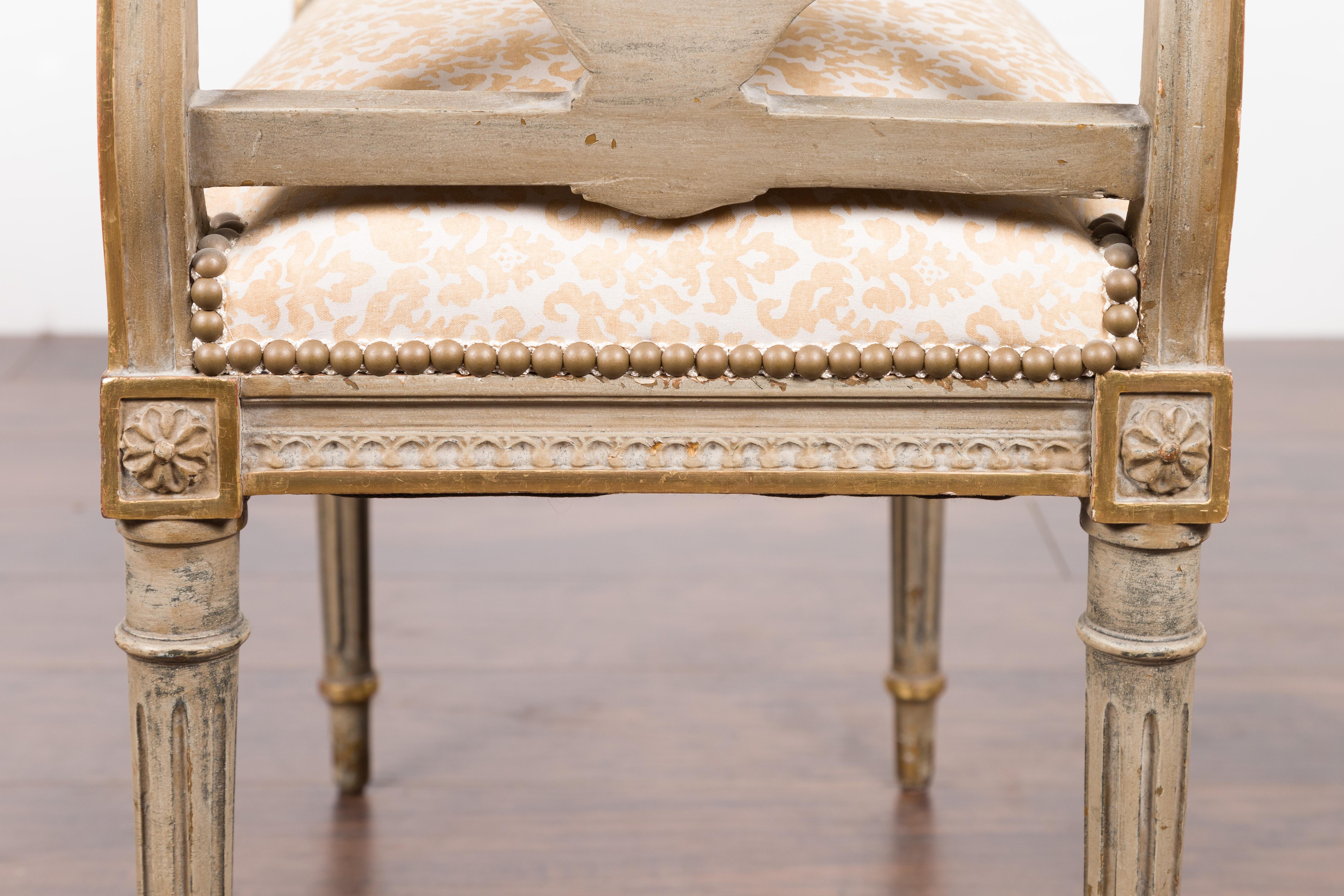 French 19th Century Neoclassical Style Scrolling Arms Bench with Fortuny Fabric 9