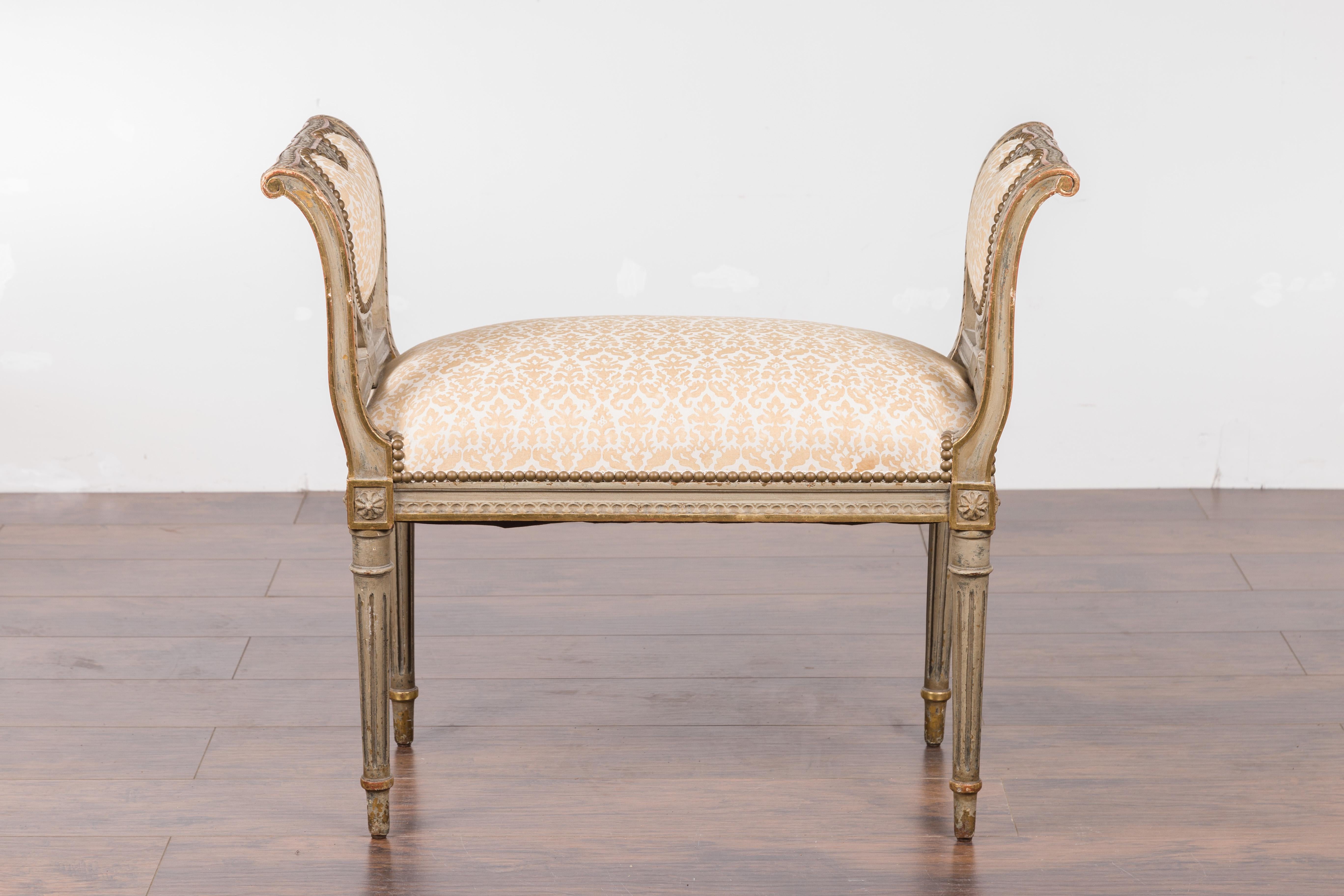 French 19th Century Neoclassical Style Scrolling Arms Bench with Fortuny Fabric 10