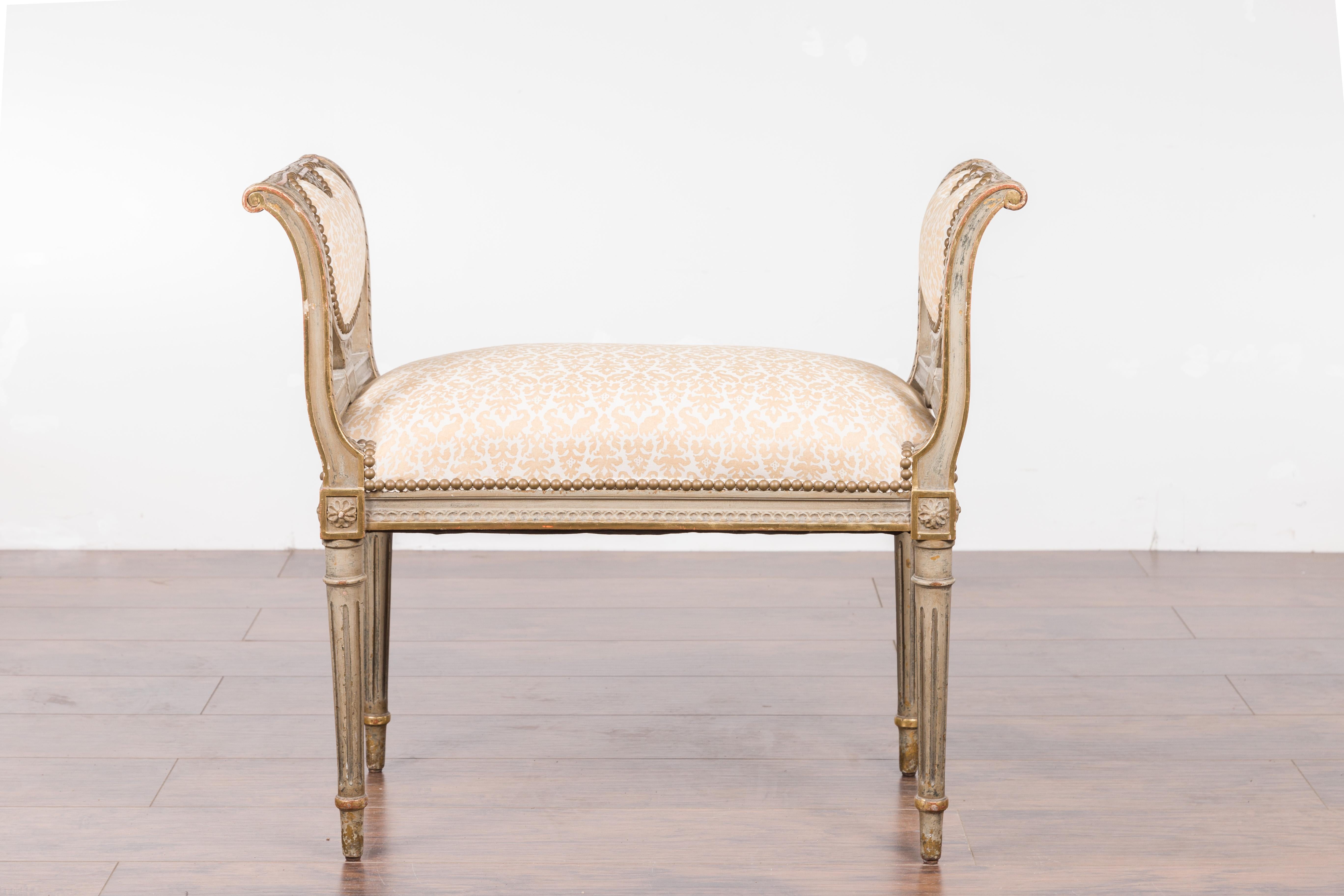 Painted French 19th Century Neoclassical Style Scrolling Arms Bench with Fortuny Fabric