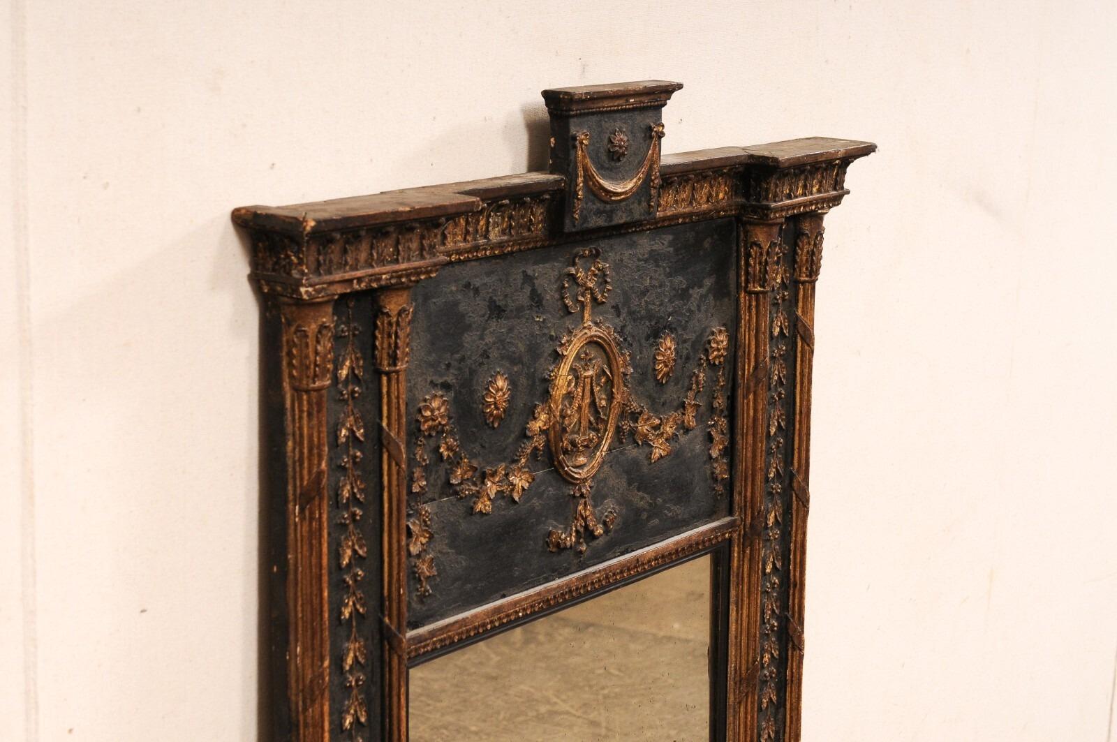 Specchio Trumeau neoclassico francese del XIX secolo, nero con accenti in oro bronzato In condizioni buone in vendita a Atlanta, GA