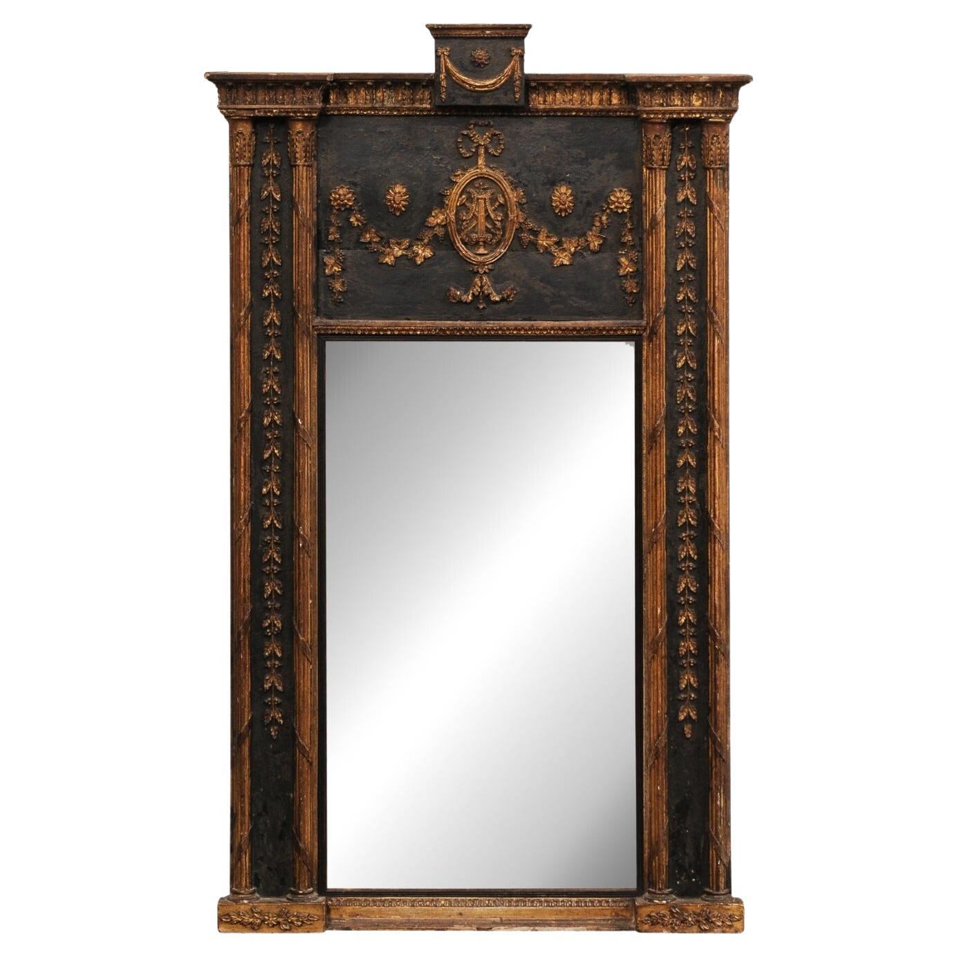 Specchio Trumeau neoclassico francese del XIX secolo, nero con accenti in oro bronzato in vendita