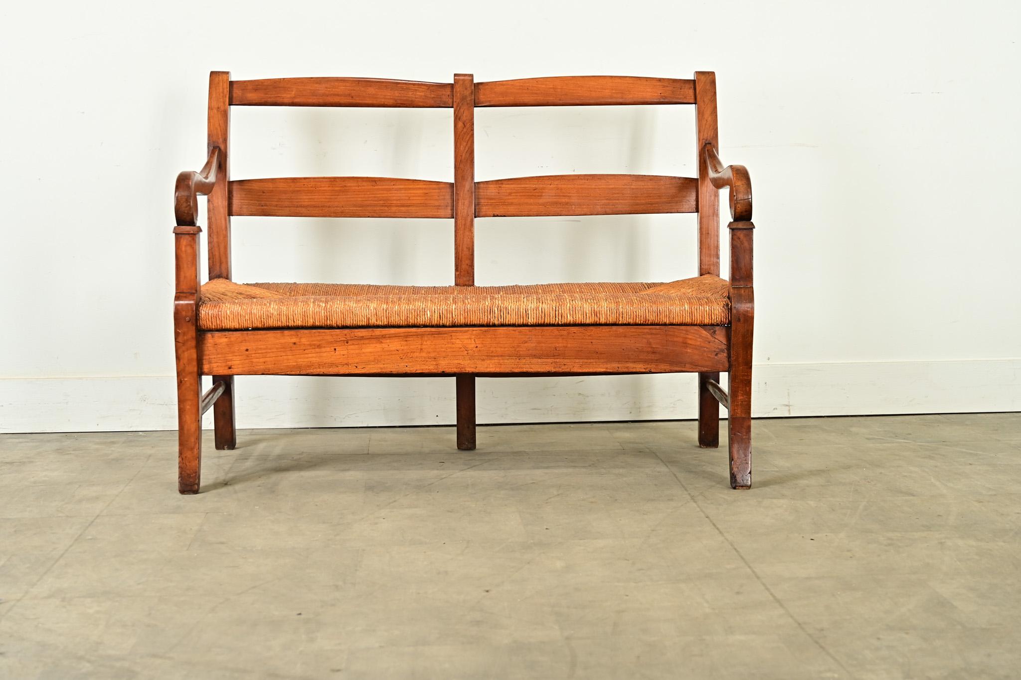Restauration French 19th Century Oak and Rush Seat Bench