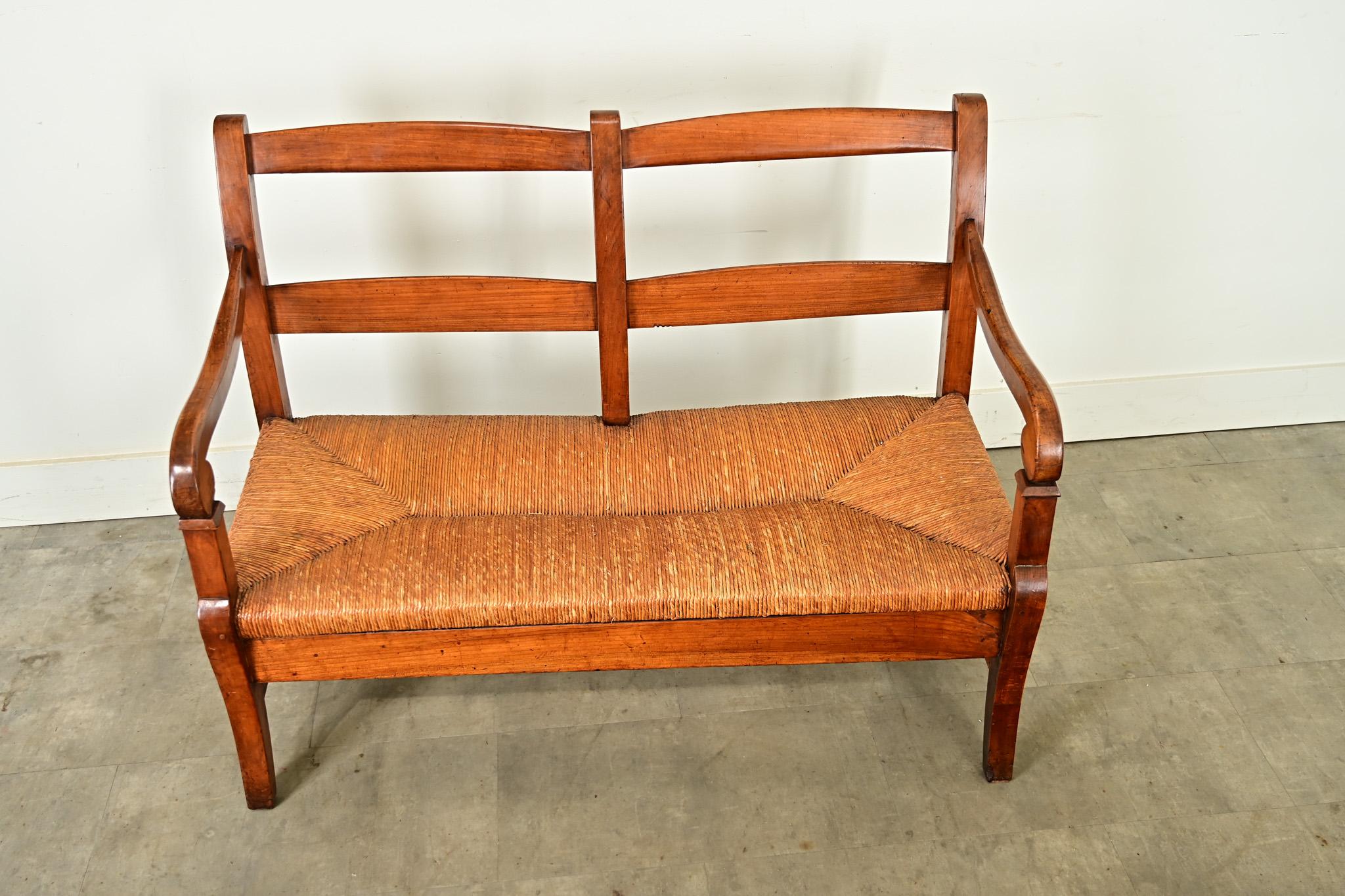 Carved French 19th Century Oak and Rush Seat Bench
