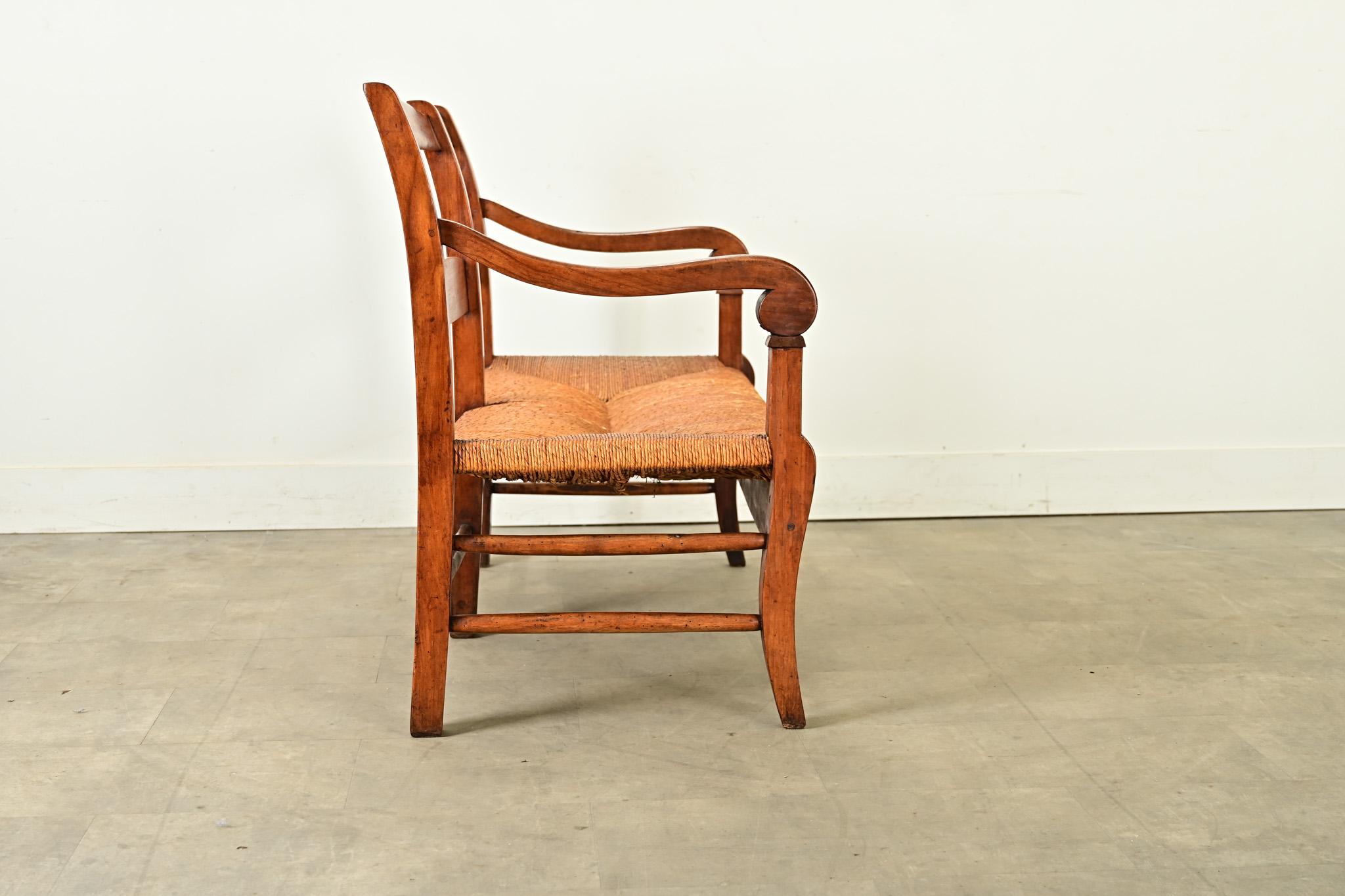 French 19th Century Oak and Rush Seat Bench 1