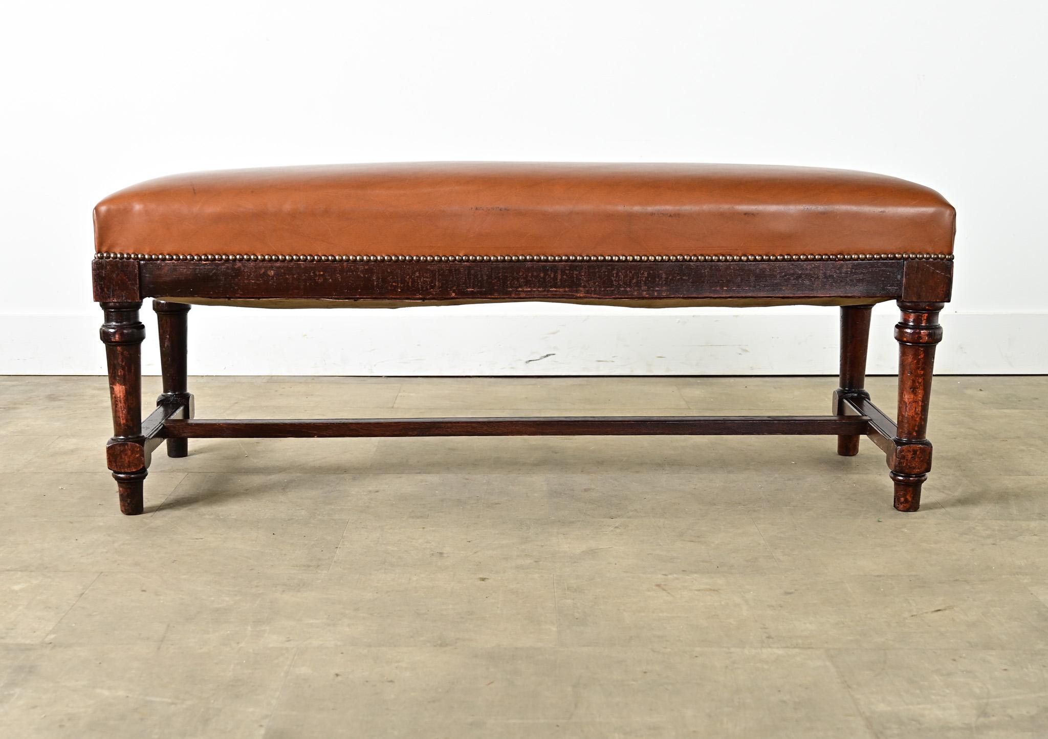 Brass French 19th Century Oak and Upholstered Bench For Sale