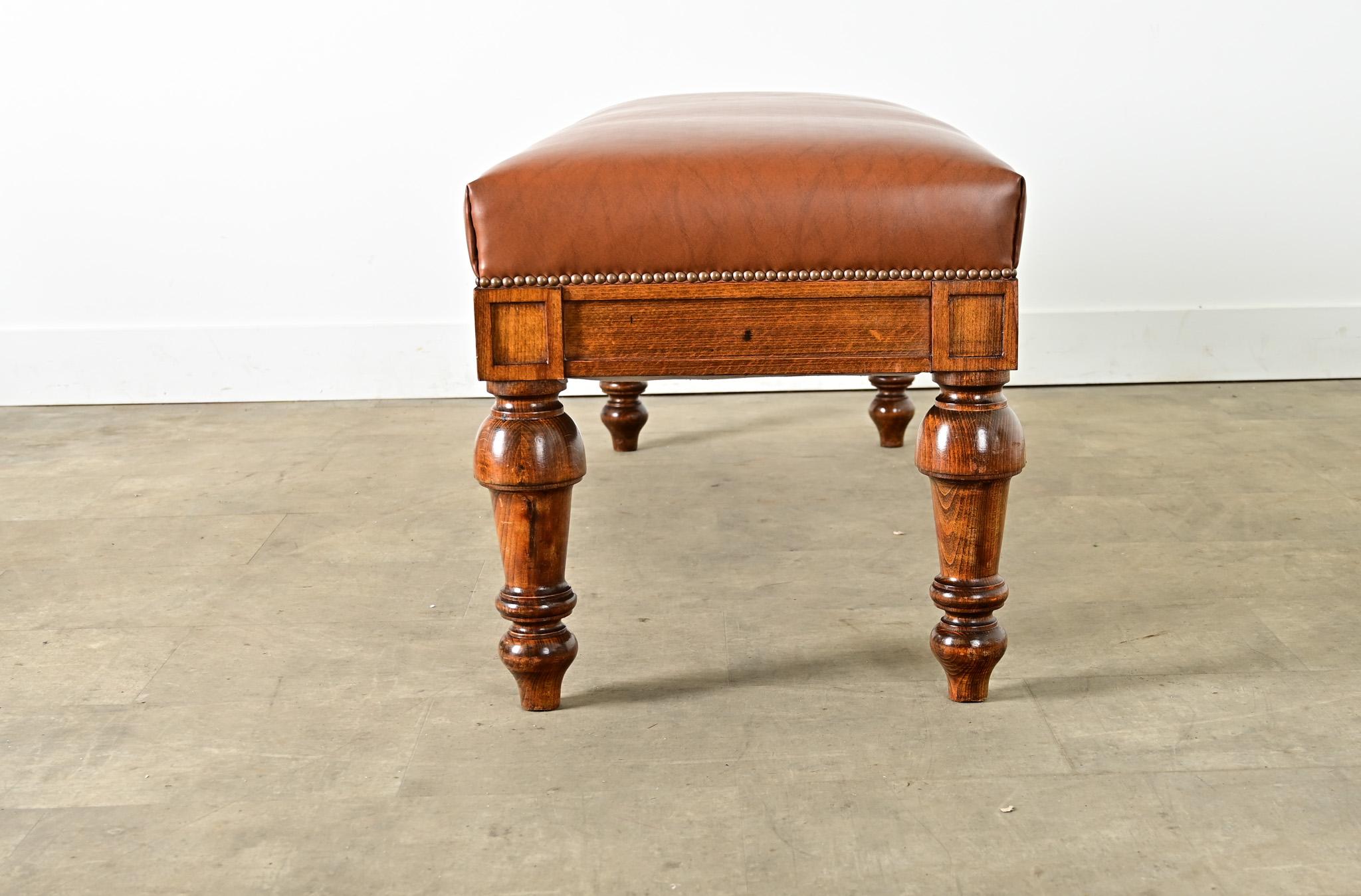 Brass French 19th Century Oak and Upholstered Bench For Sale