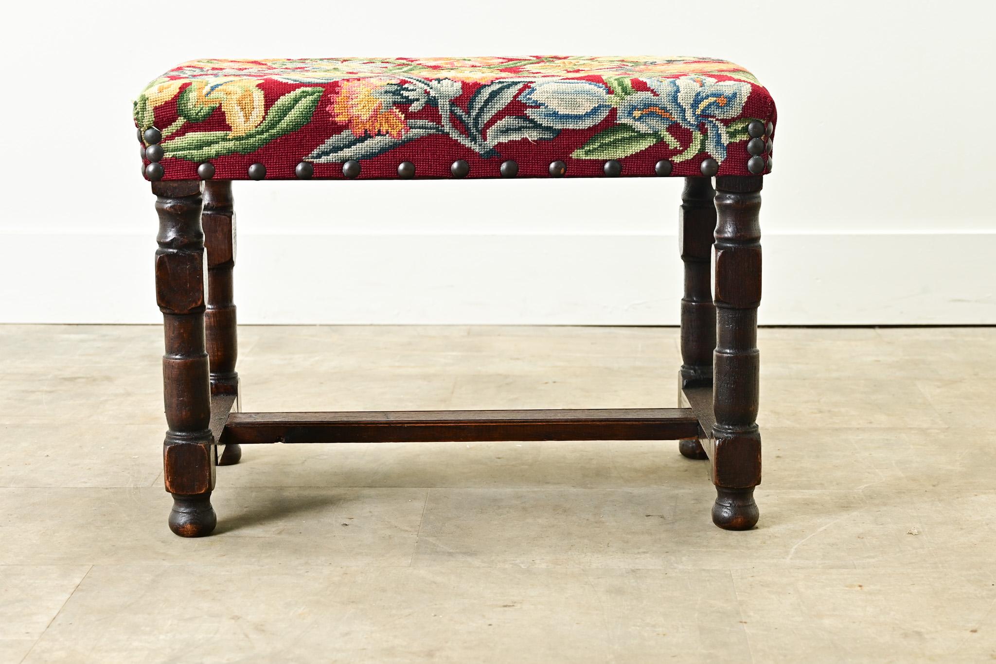 Hand-Crafted French 19th Century Oak & Tapestry Stool For Sale