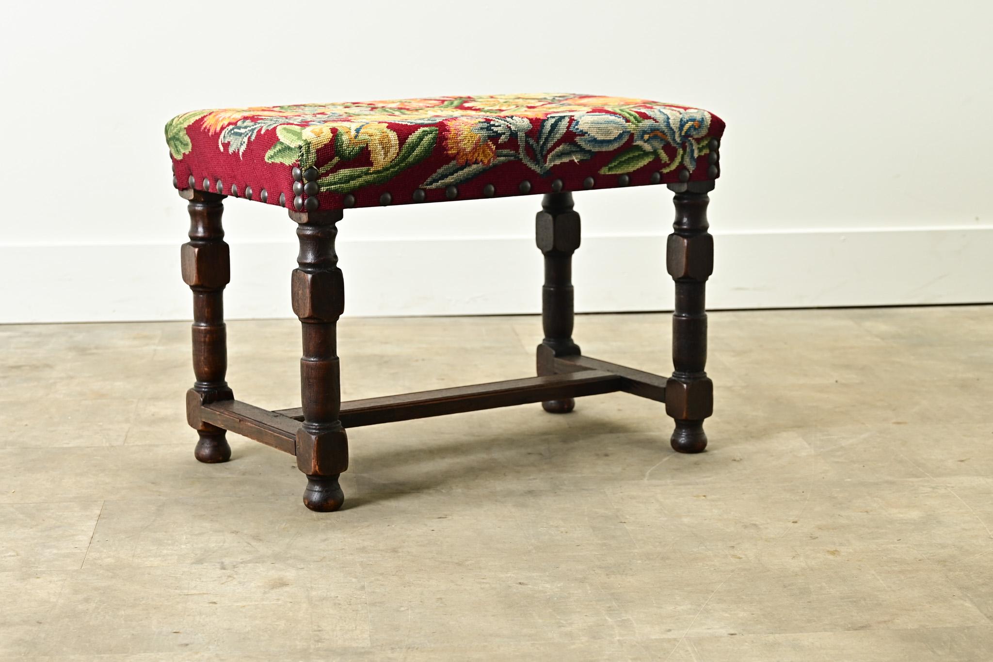 French 19th Century Oak & Tapestry Stool In Good Condition For Sale In Baton Rouge, LA