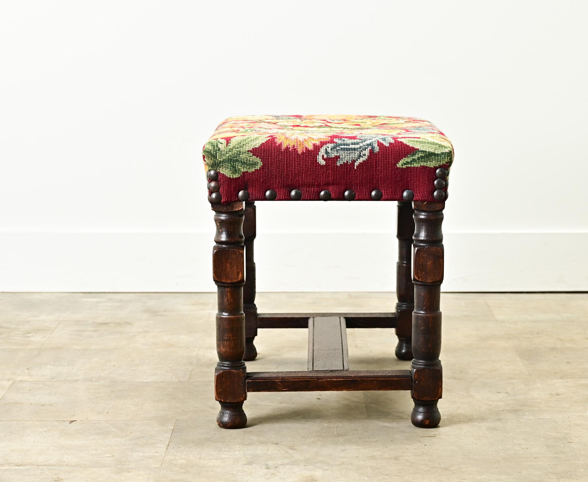 Fabric French 19th Century Oak & Tapestry Stool For Sale
