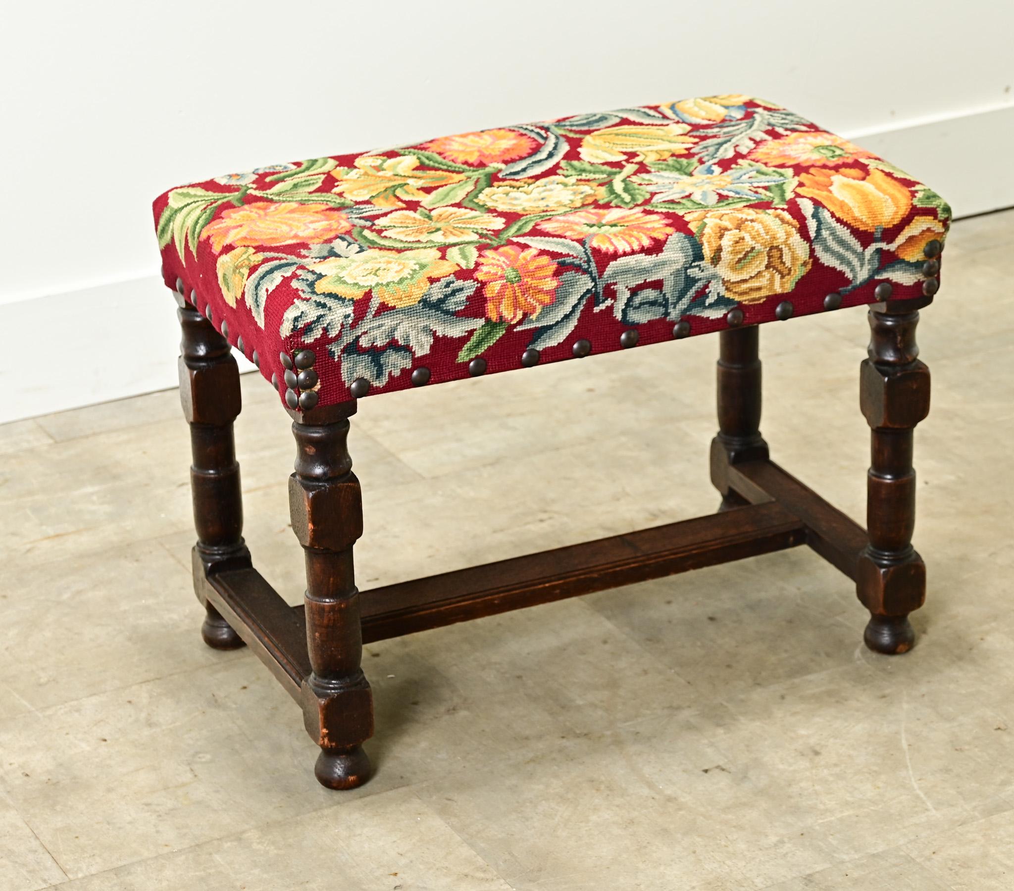 French 19th Century Oak & Tapestry Stool For Sale 2