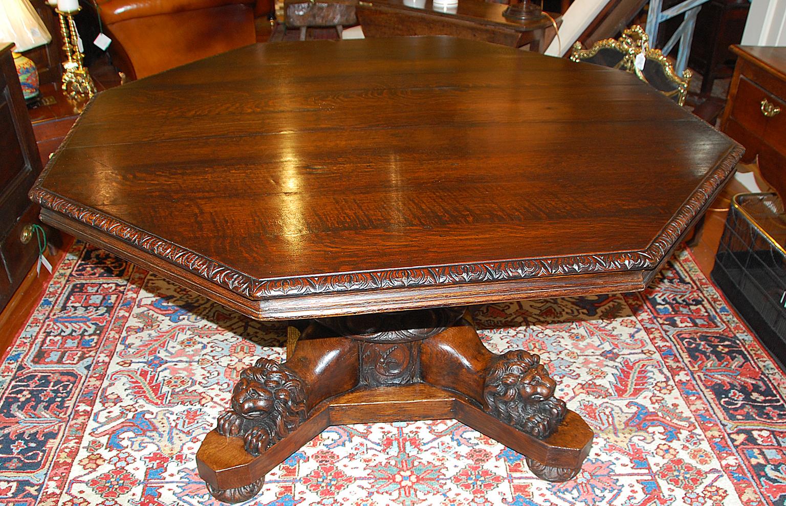 French 19th Century Octagonal Center or Dining Table Carved Recumbant Lion Base In Good Condition In Wells, ME