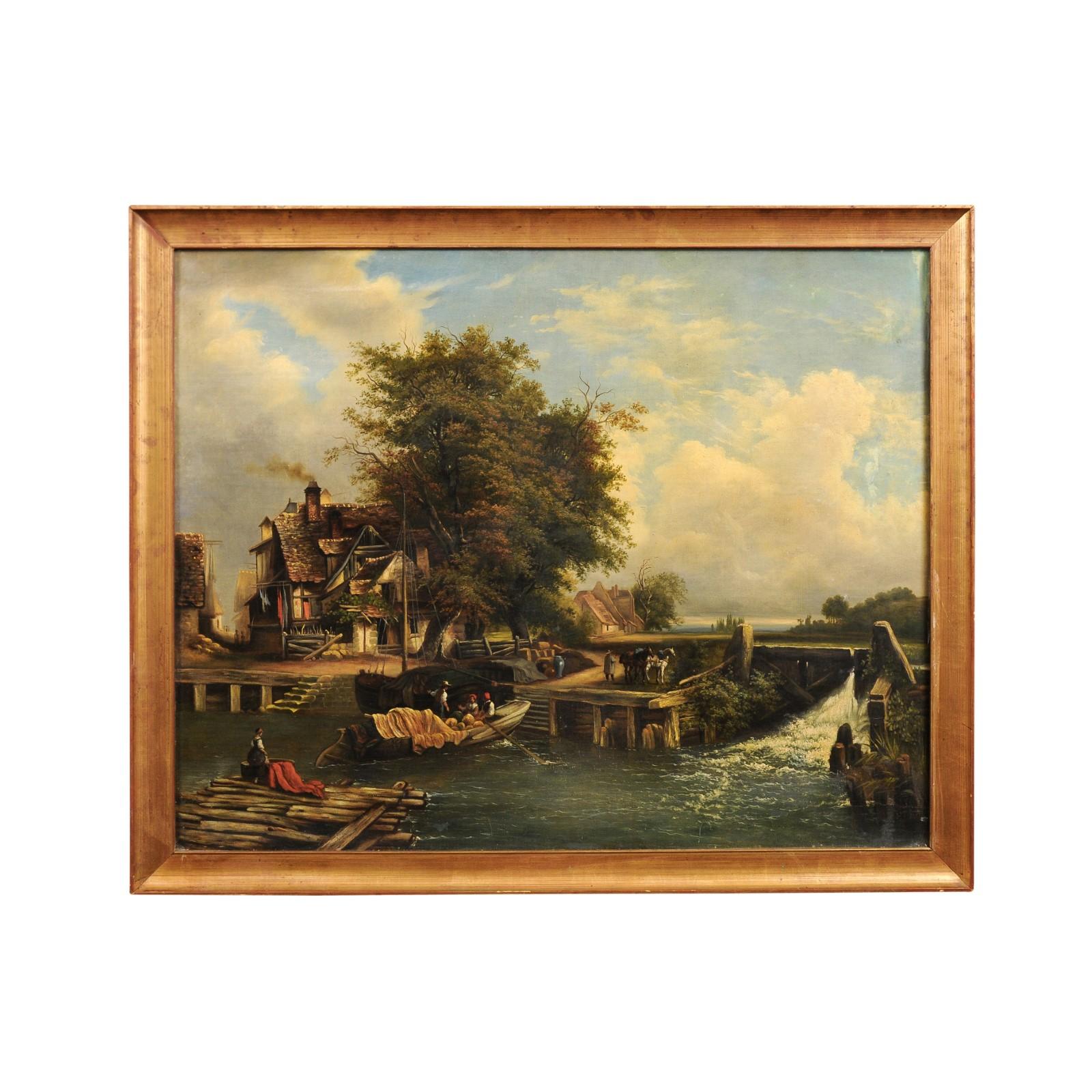 Peinture de paysage française à l'huile sur toile du XIXe siècle, représentant une scène de la vie quotidienne dans un village. Créée en France au cours du XIXe siècle, cette peinture à l'huile sur toile de format horizontal représente une scène