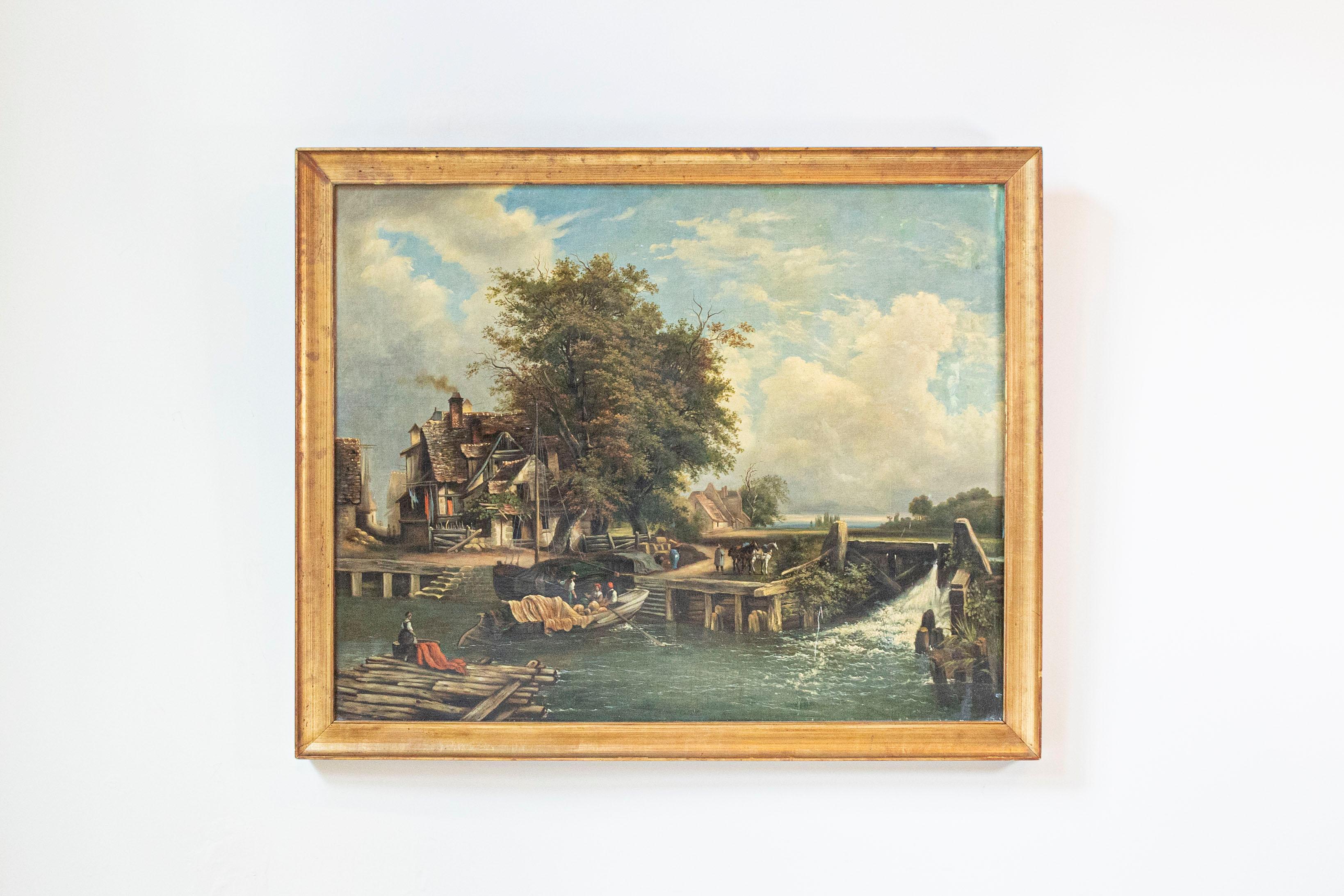 A French oil on canvas landscape painting from the 19th century, depicting a scene of everyday life in a village. Created in France during the 19th century, this horizontal format oil on canvas painting depicts a humble, everyday life scene. Bathed