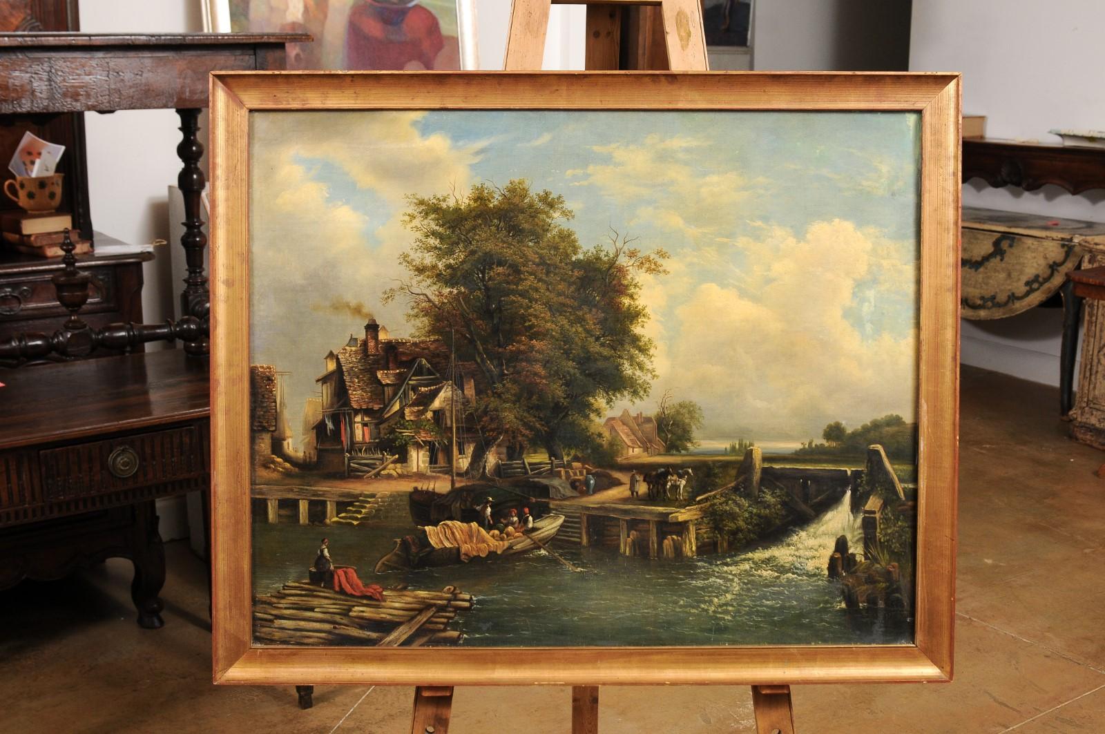 Français Peinture à l'huile française du 19ème siècle représentant une scène de vie rurale en vente