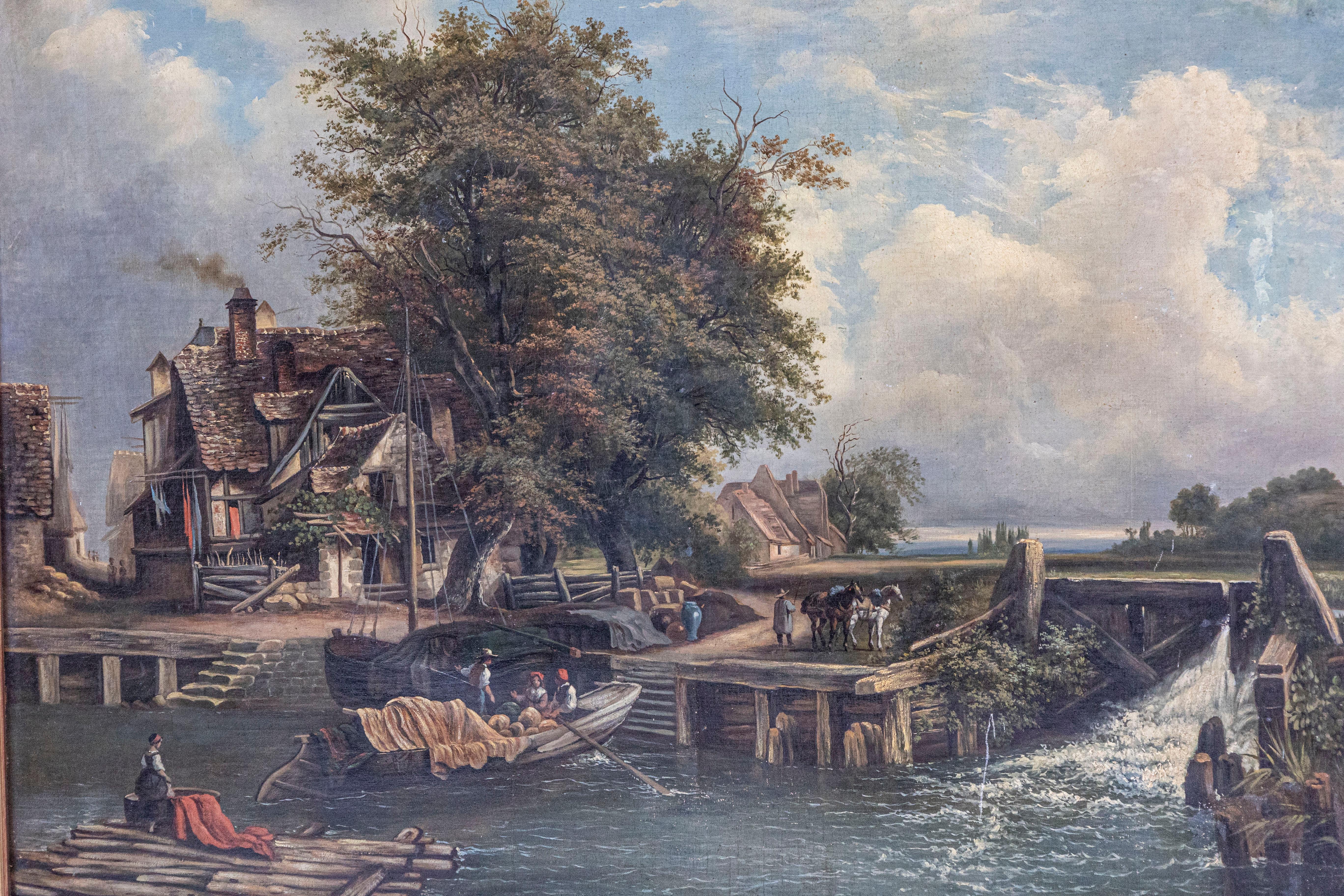 Hand-Painted French 19th Century Oil Landscape Painting Depicting a Country Life Scene For Sale
