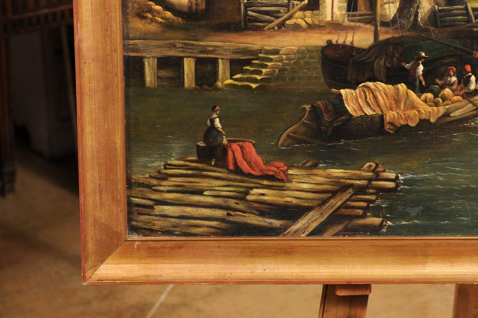 Toile Peinture à l'huile française du 19ème siècle représentant une scène de vie rurale en vente
