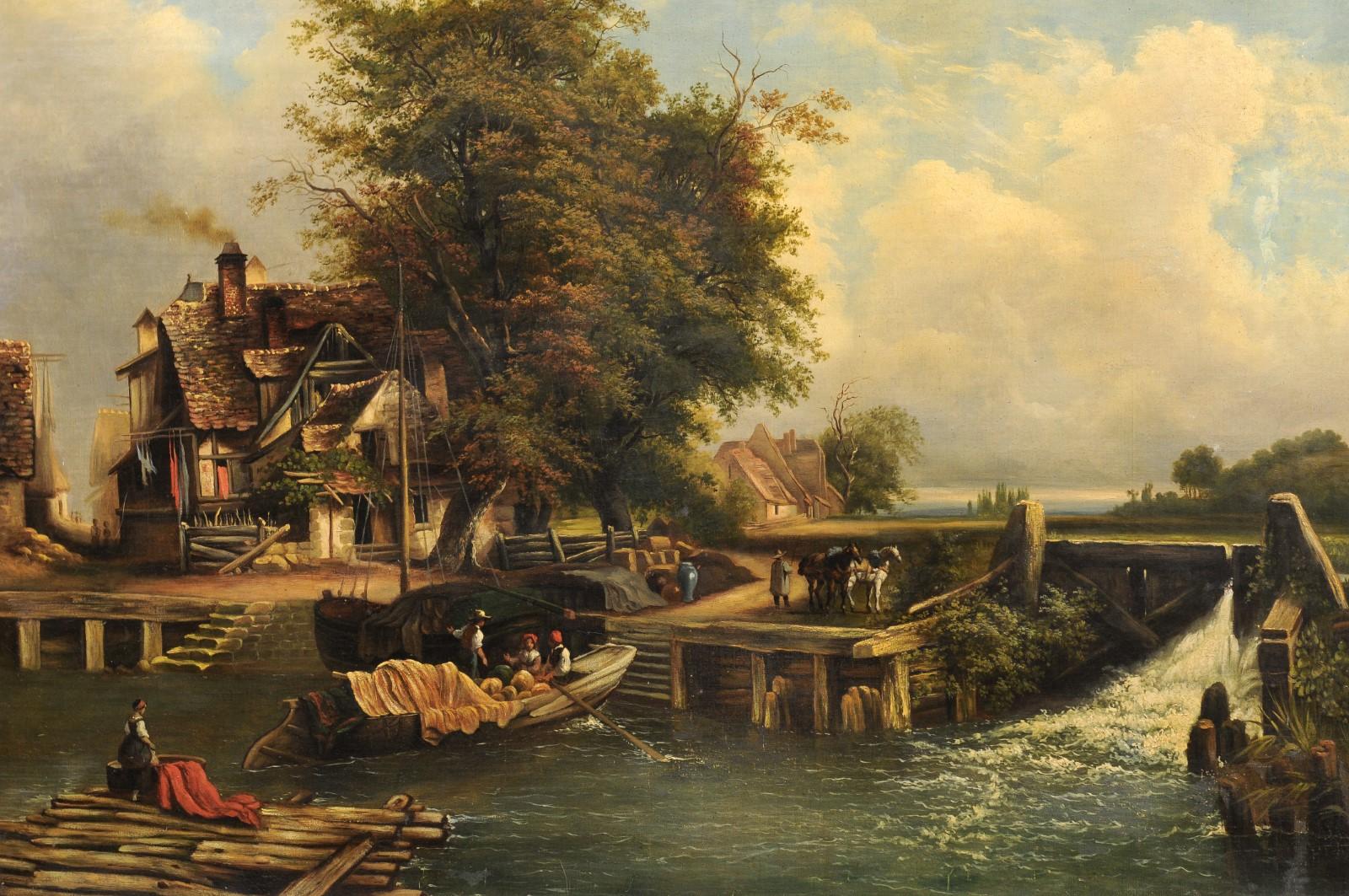 Peinture à l'huile française du 19ème siècle représentant une scène de vie rurale en vente 1