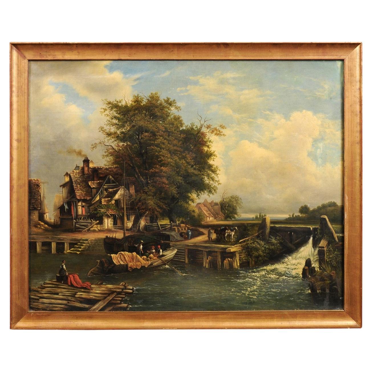 Peinture à l'huile française du 19ème siècle représentant une scène de vie rurale