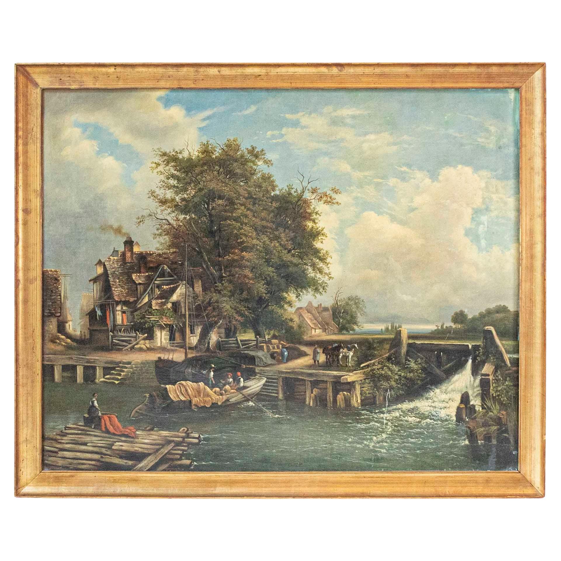 Paesaggio ad olio francese del XIX secolo raffigurante una scena di vita di campagna