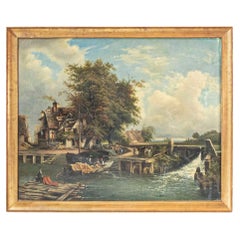 French 19th Century Oil Landscape Painting Depicting a Country Life Scene