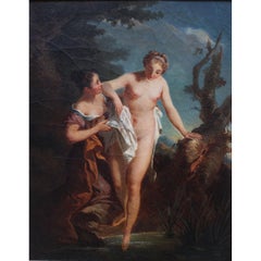 French 19th Century Oil on Artist Panel "the Bather and Her Maid" After Lemoyne