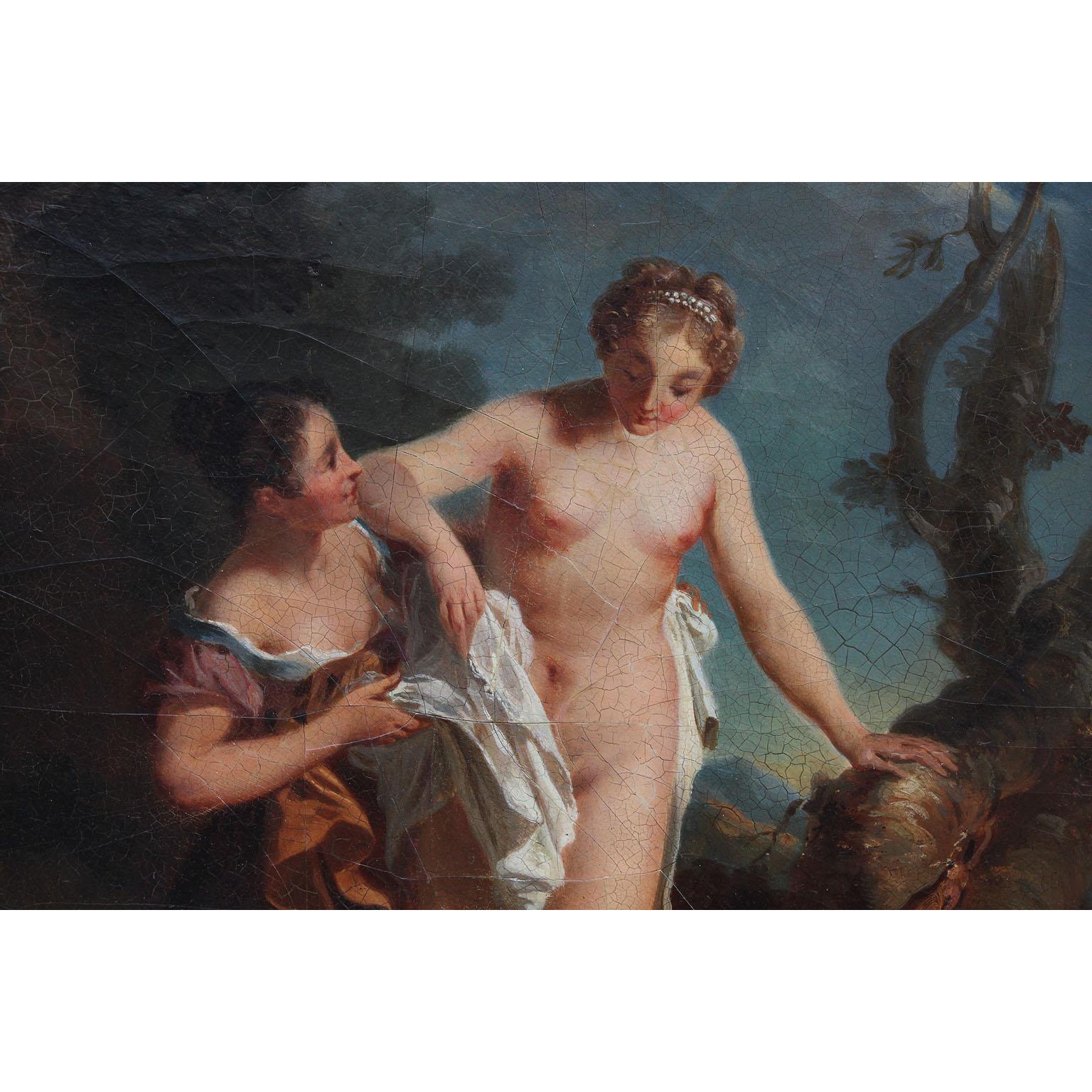 Français Peinture à l’huile sur panneau d’artiste française du XIXe siècle, La baigneuse et sa fille, d’après LeMoyne en vente