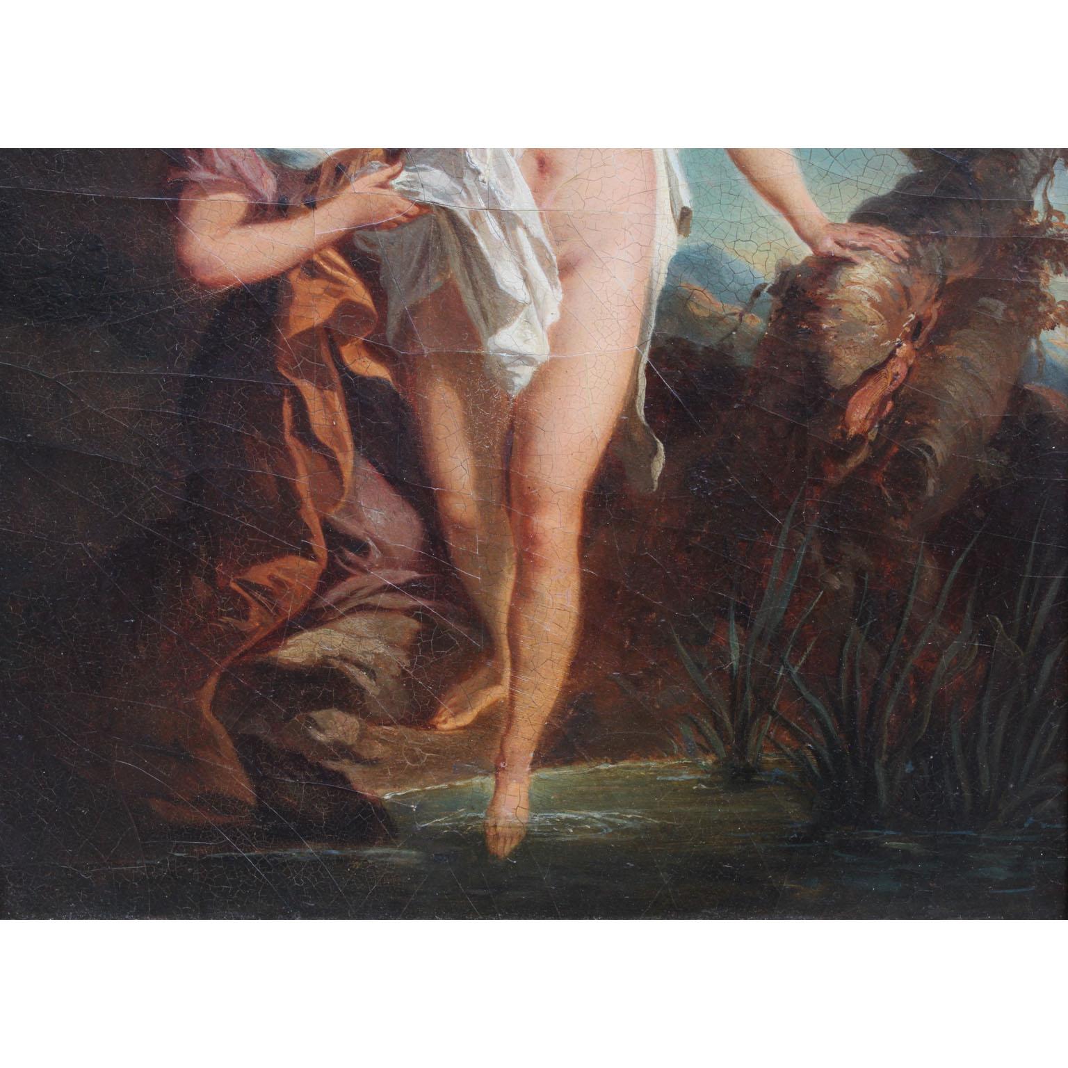 Sculpté Peinture à l’huile sur panneau d’artiste française du XIXe siècle, La baigneuse et sa fille, d’après LeMoyne en vente
