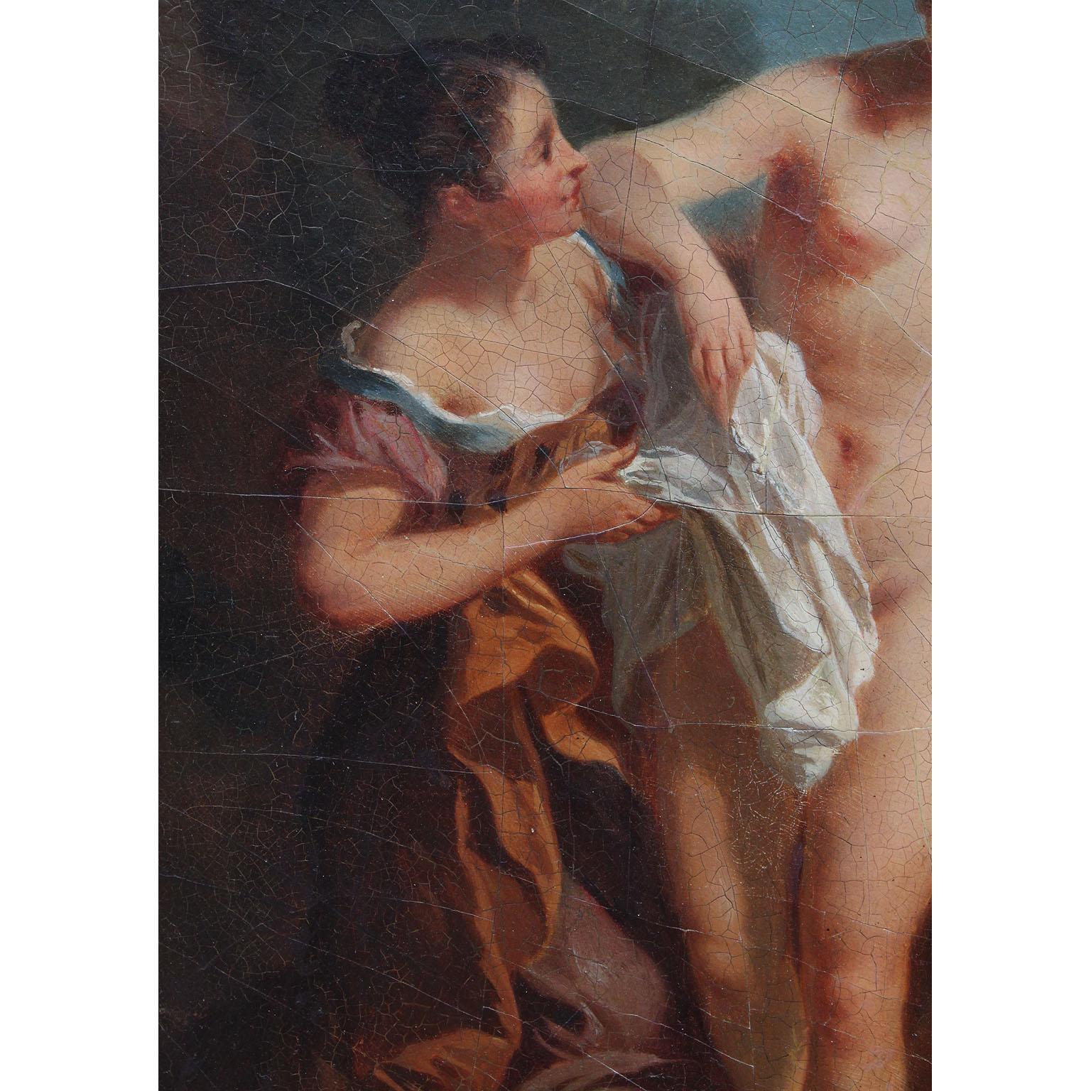 XIXe siècle Peinture à l’huile sur panneau d’artiste française du XIXe siècle, La baigneuse et sa fille, d’après LeMoyne en vente