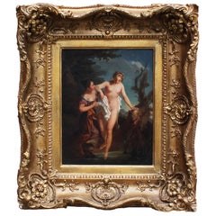French 19th Century Oil on Artist Panel "the Bather and Her Maid" After Lemoyne