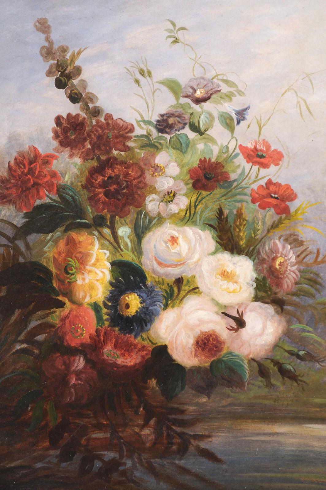 Peinture florale française du 19ème siècle à l'huile sur toile, circa 1830, dans un cadre doré en vente 2