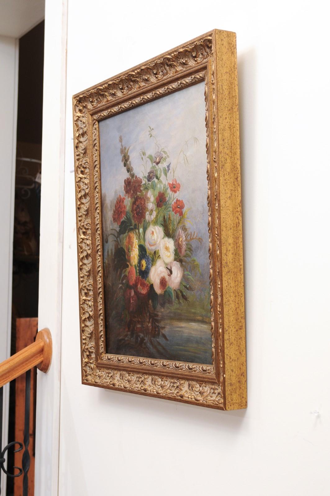 Restauration French 19th Century Oil on Canvas Floral Painting circa 1830 in Gilt Frame For Sale