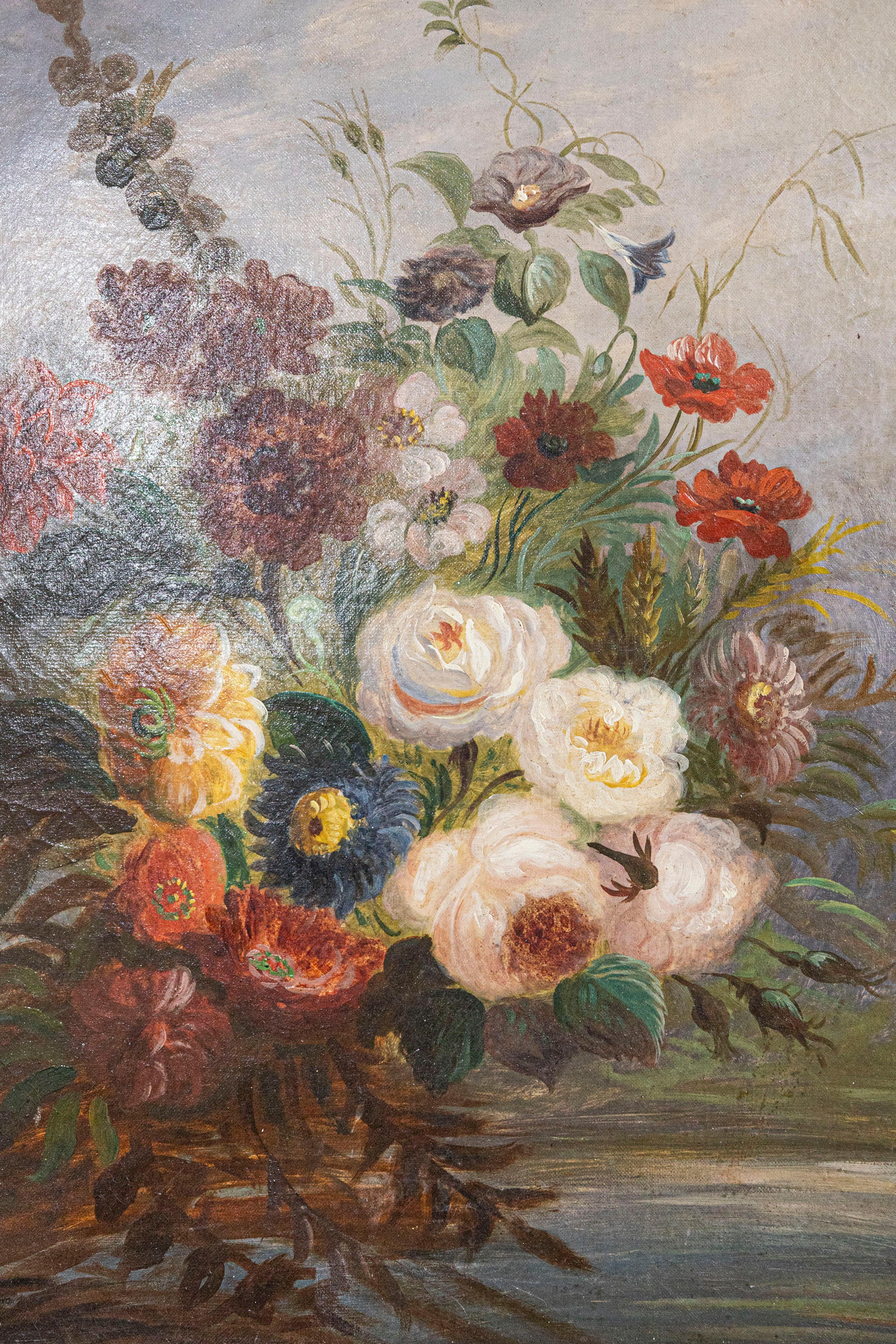Hand-Painted French 19th Century Oil on Canvas Floral Painting circa 1830 in Gilt Frame For Sale