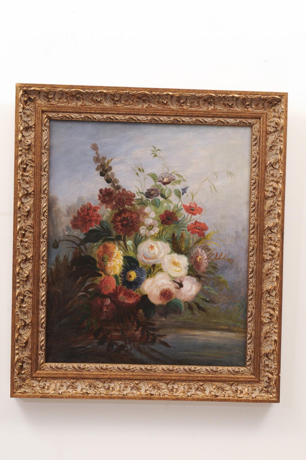 Peint à la main Peinture florale française du 19ème siècle à l'huile sur toile, circa 1830, dans un cadre doré