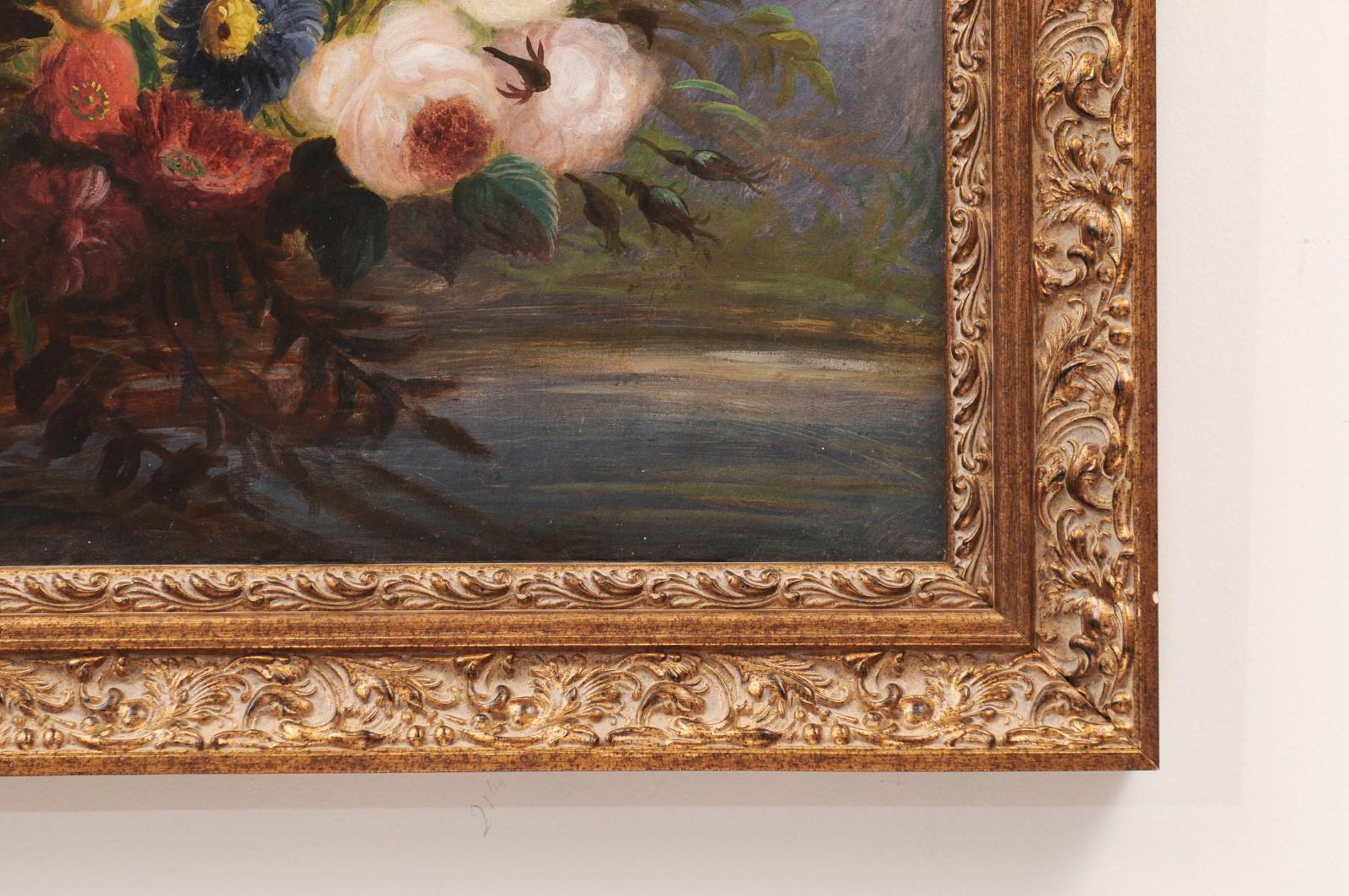 Peinture florale française du 19ème siècle à l'huile sur toile, circa 1830, dans un cadre doré Bon état - En vente à Atlanta, GA