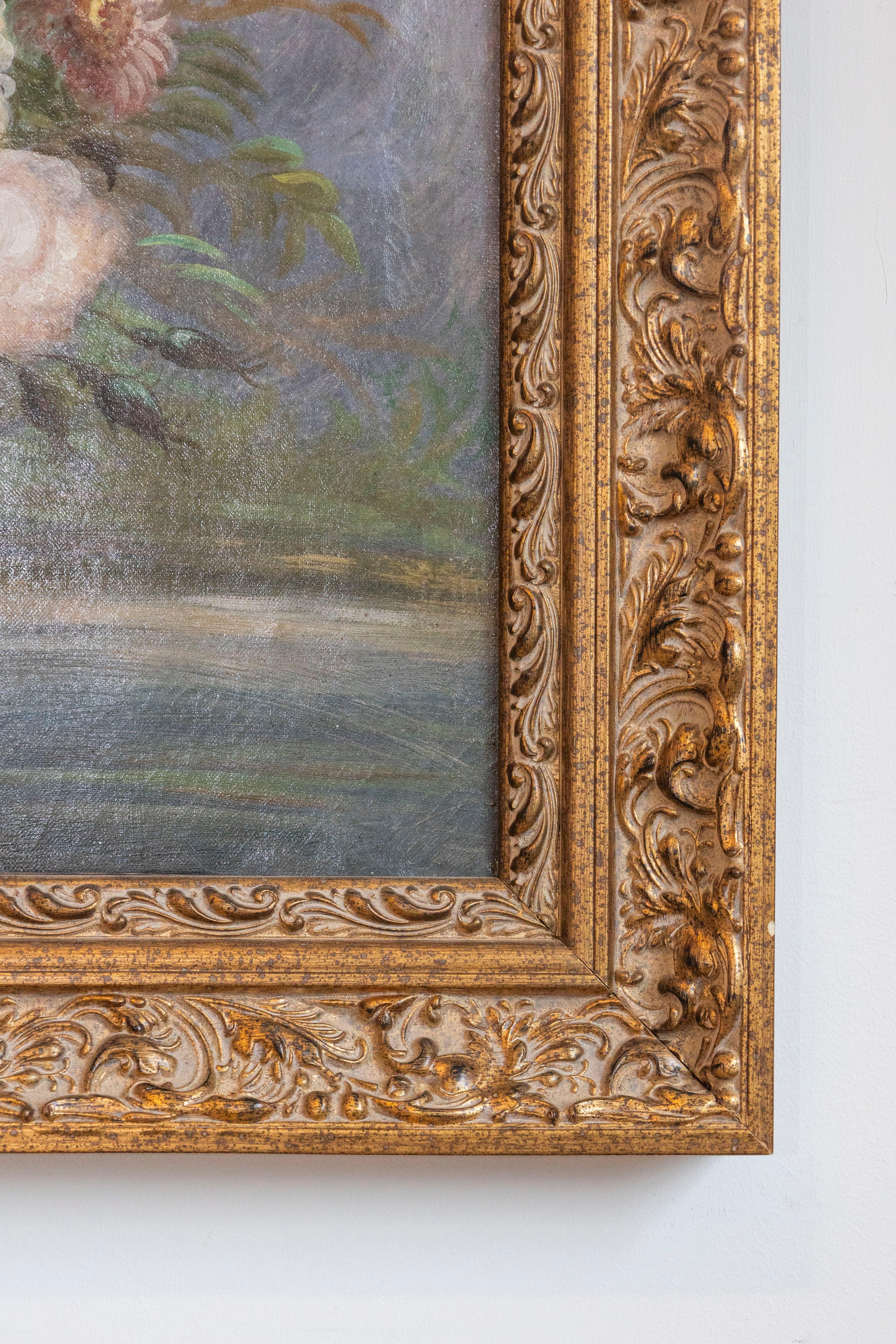 French 19th Century Oil on Canvas Floral Painting circa 1830 in Gilt Frame For Sale 1