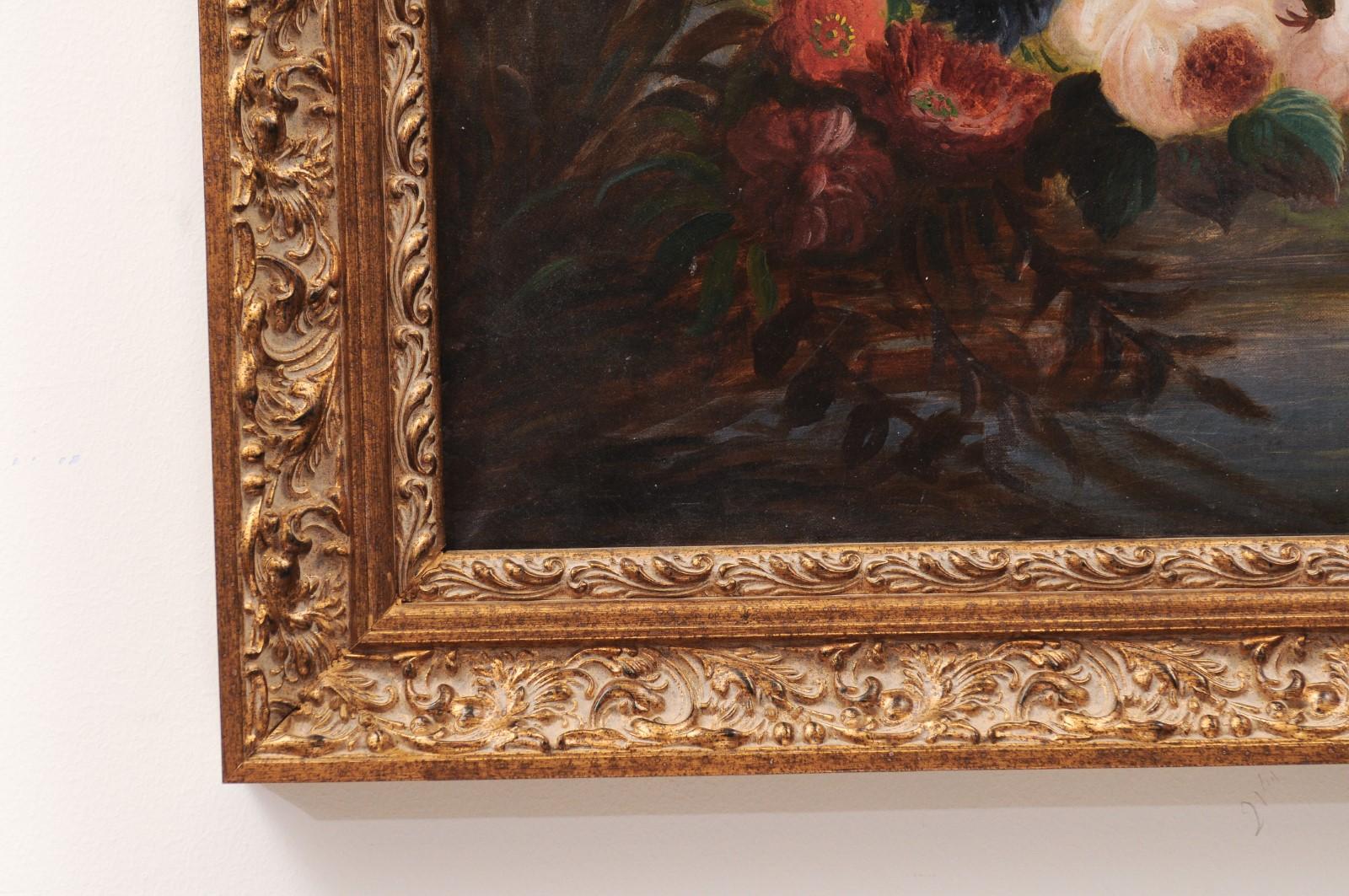 French 19th Century Oil on Canvas Floral Painting circa 1830 in Gilt Frame For Sale 2