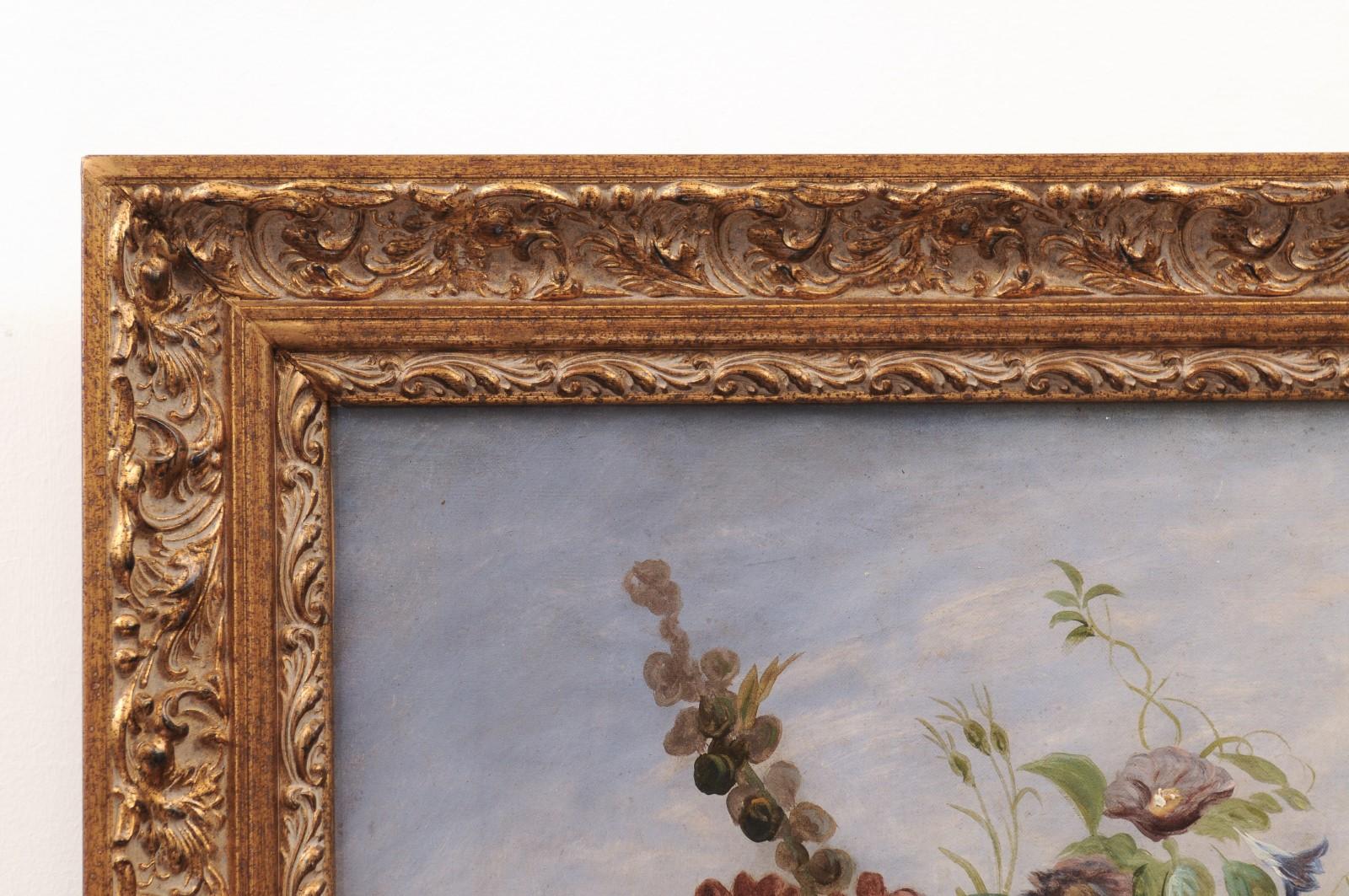 Bois doré Peinture florale française du 19ème siècle à l'huile sur toile, circa 1830, dans un cadre doré