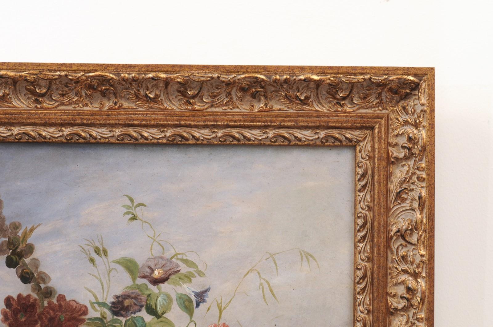 Peinture florale française du 19ème siècle à l'huile sur toile, circa 1830, dans un cadre doré 1
