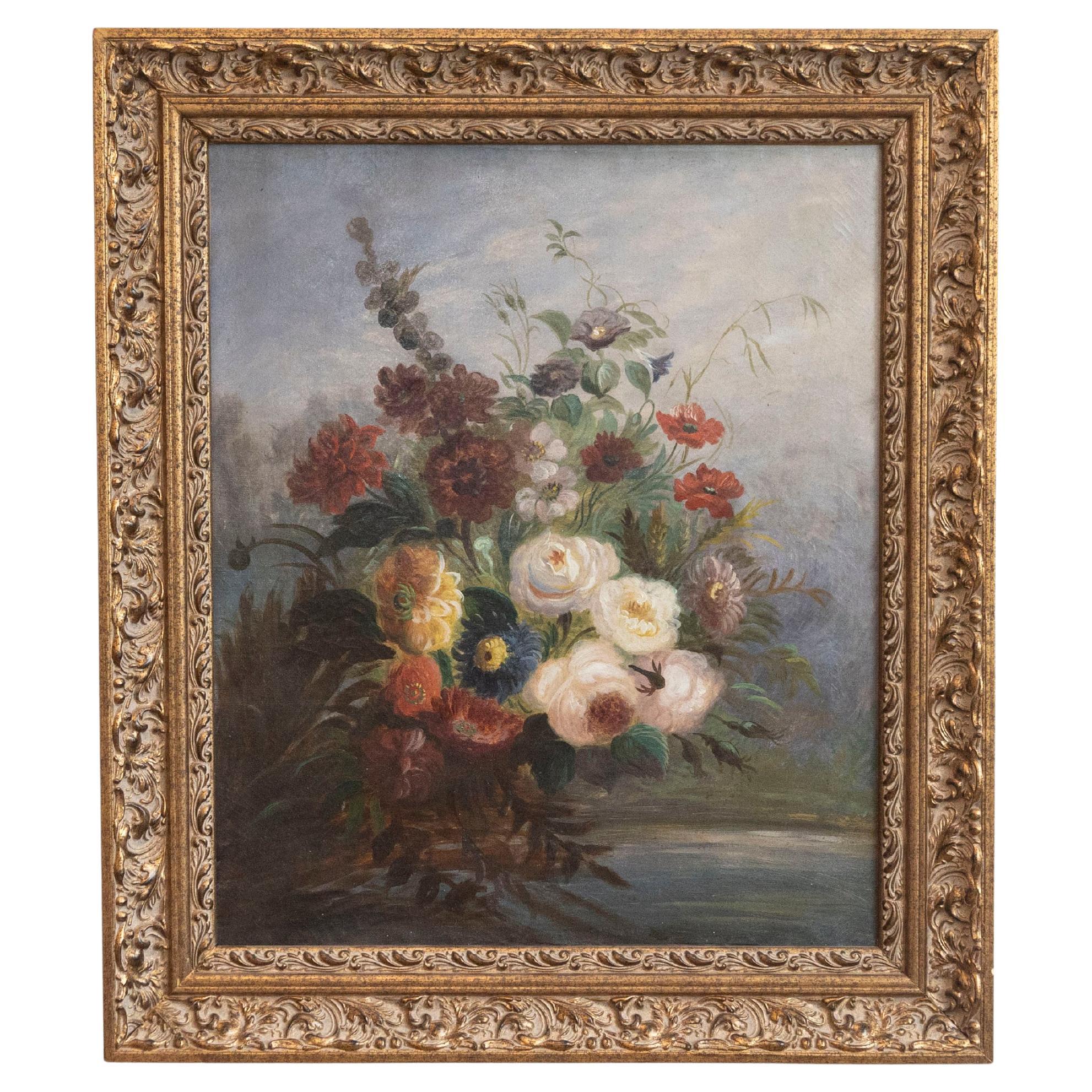 French 19th Century Oil on Canvas Floral Painting circa 1830 in Gilt Frame