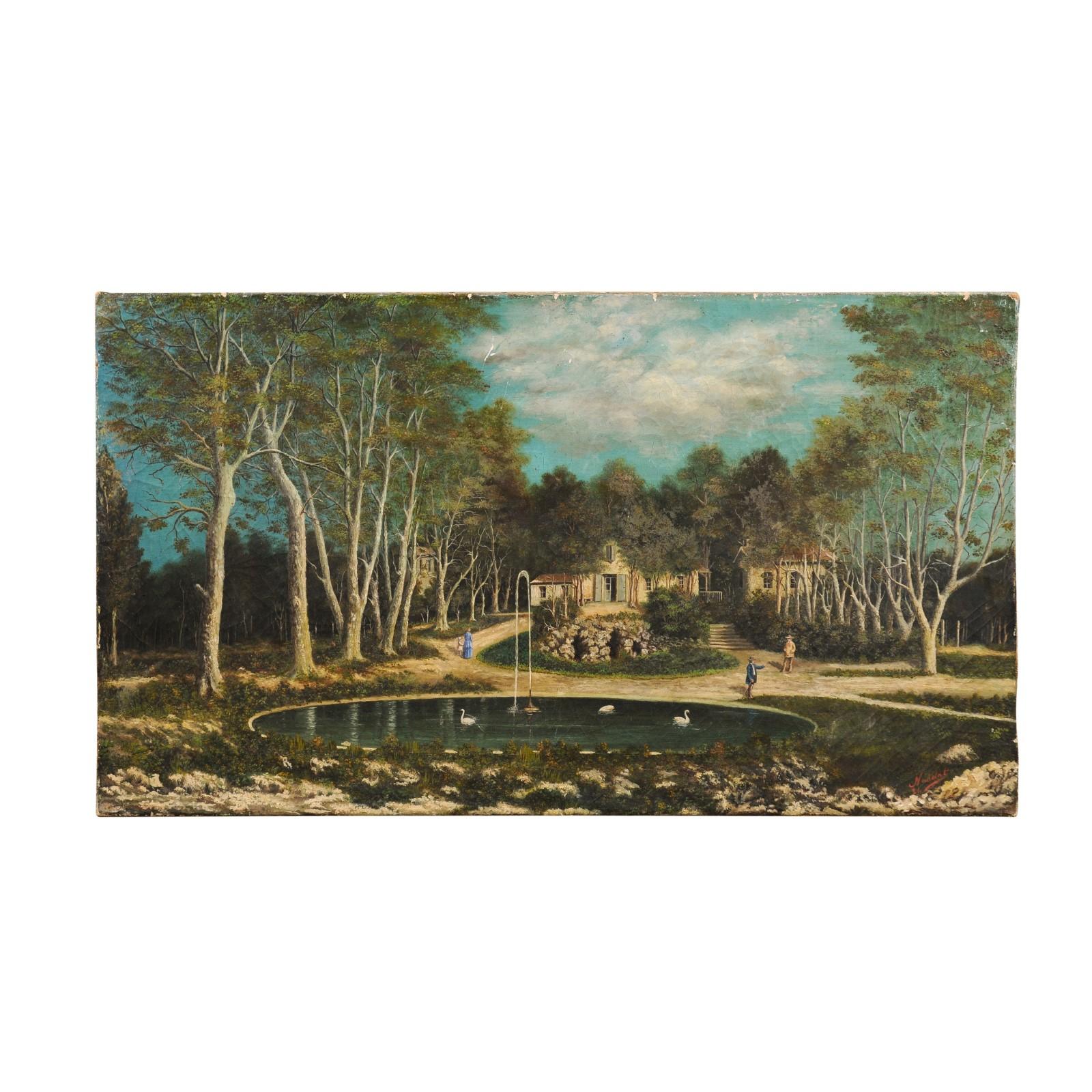 Peinture de paysage française à l'huile sur toile du XIXe siècle, représentant un élégant hameau avec une fontaine au premier plan. Créée en France au XIXe siècle, cette peinture représente une scène sereine et paisible. Caché derrière des arbres,
