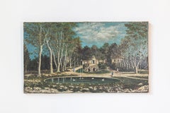 French 19th Century Oil on Canvas Hamlet Painting with Circular Fountain
