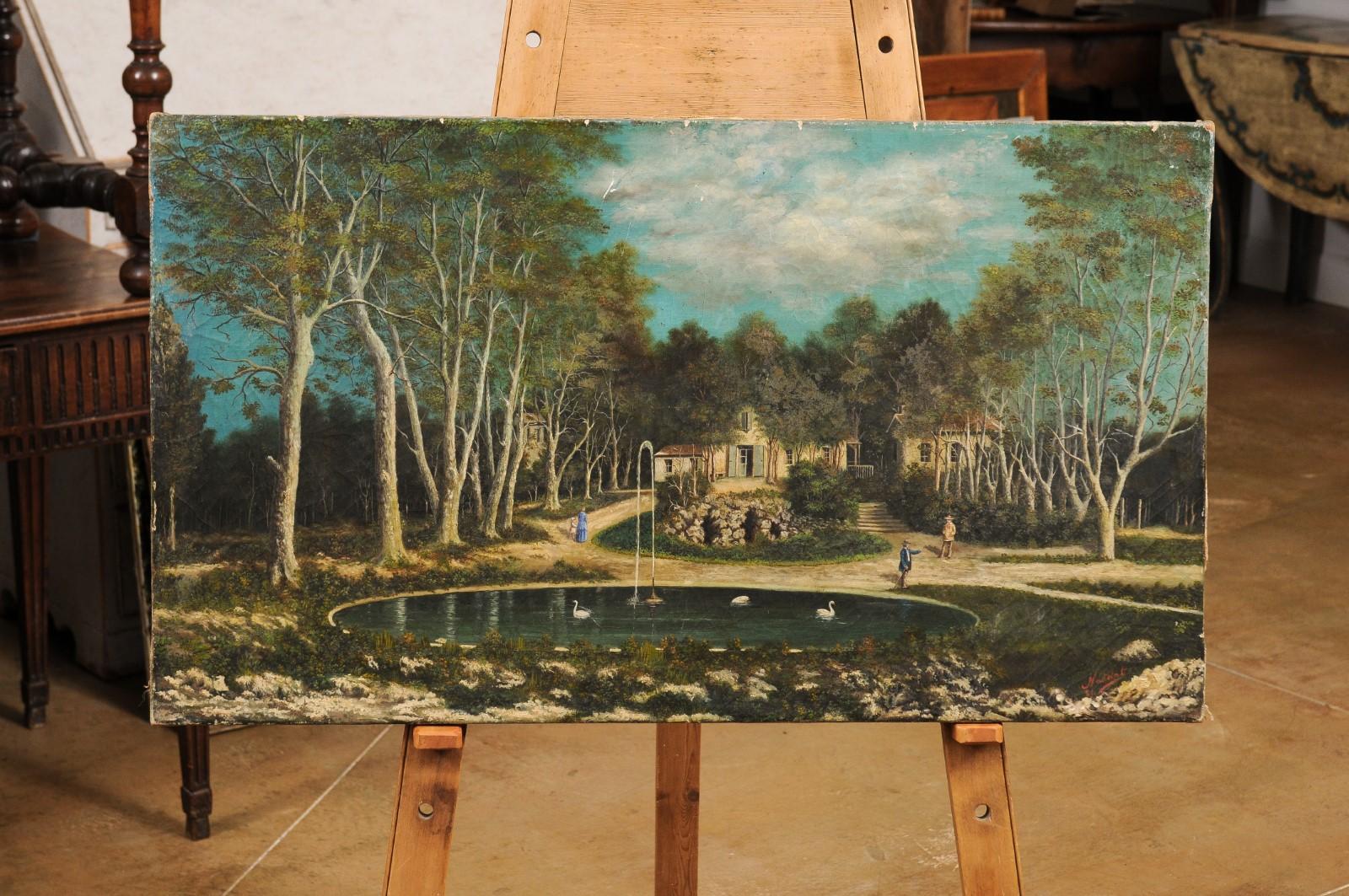 Hand-Painted French 19th Century Oil on Canvas Hamlet Painting with Circular Fountain For Sale