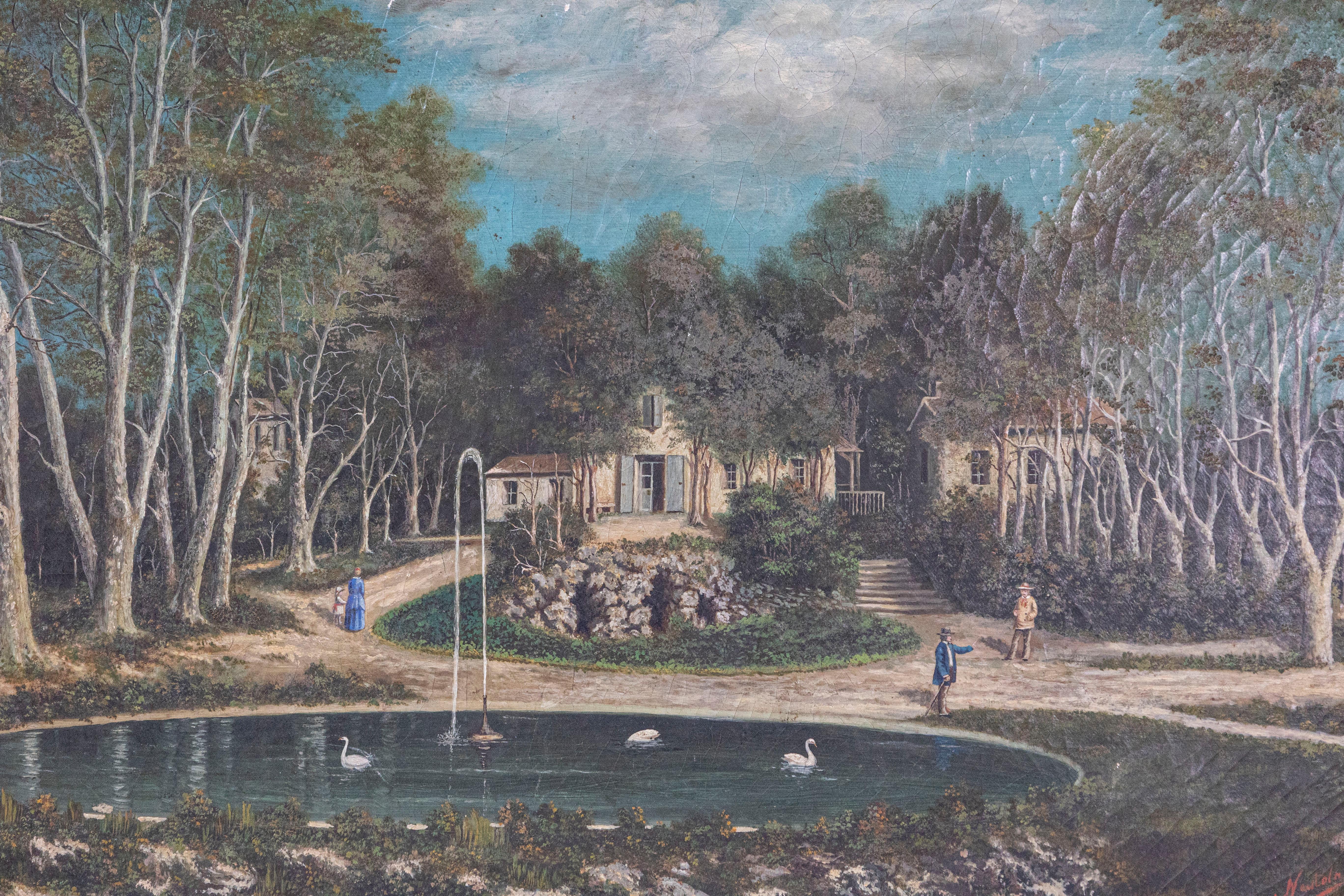 Französisches Hamlet-Gemälde des 19. Jahrhunderts, Öl auf Leinwand, mit kreisförmigem Brunnen (Handbemalt) im Angebot