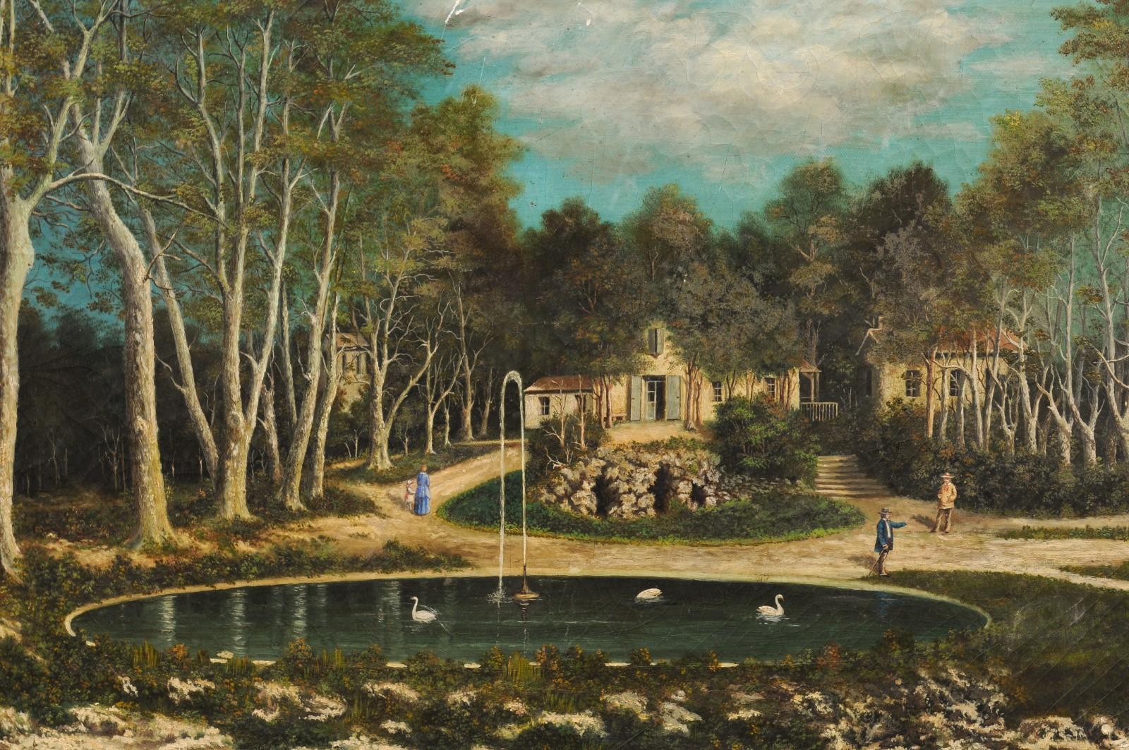 French 19th Century Oil on Canvas Hamlet Painting with Circular Fountain For Sale 3