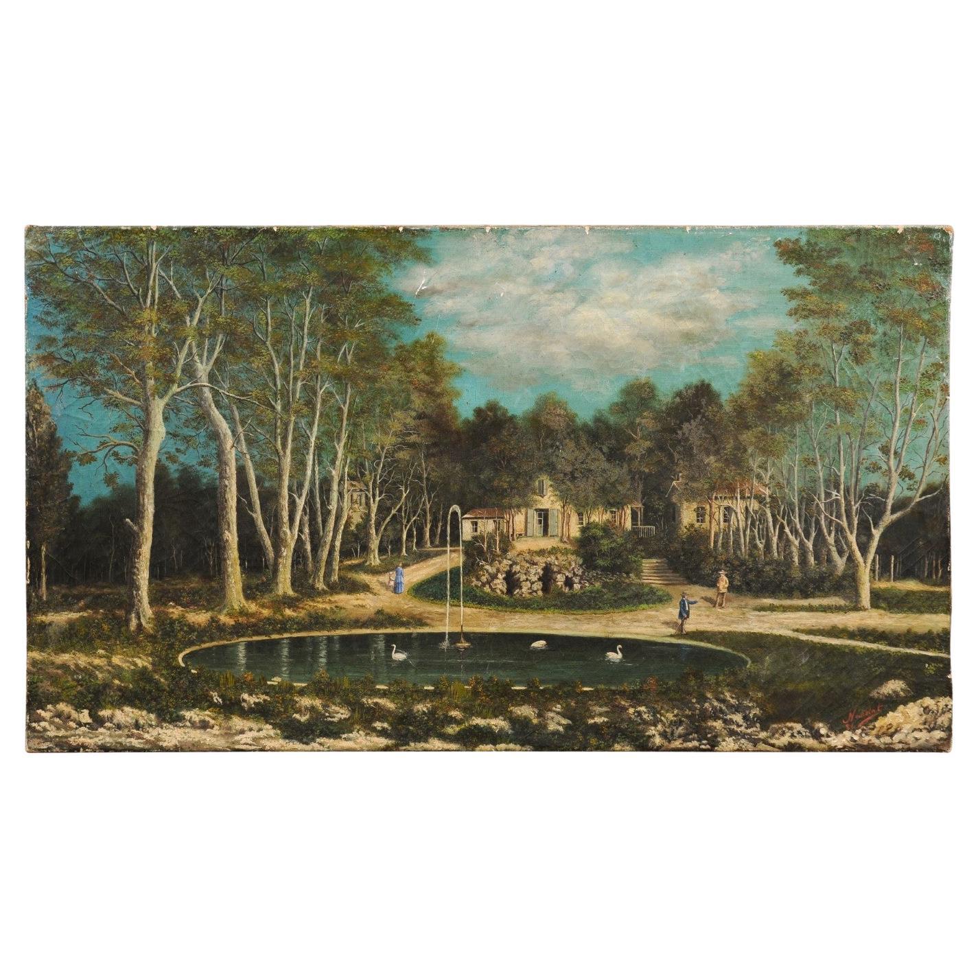 French 19th Century Oil on Canvas Hamlet Painting with Circular Fountain For Sale